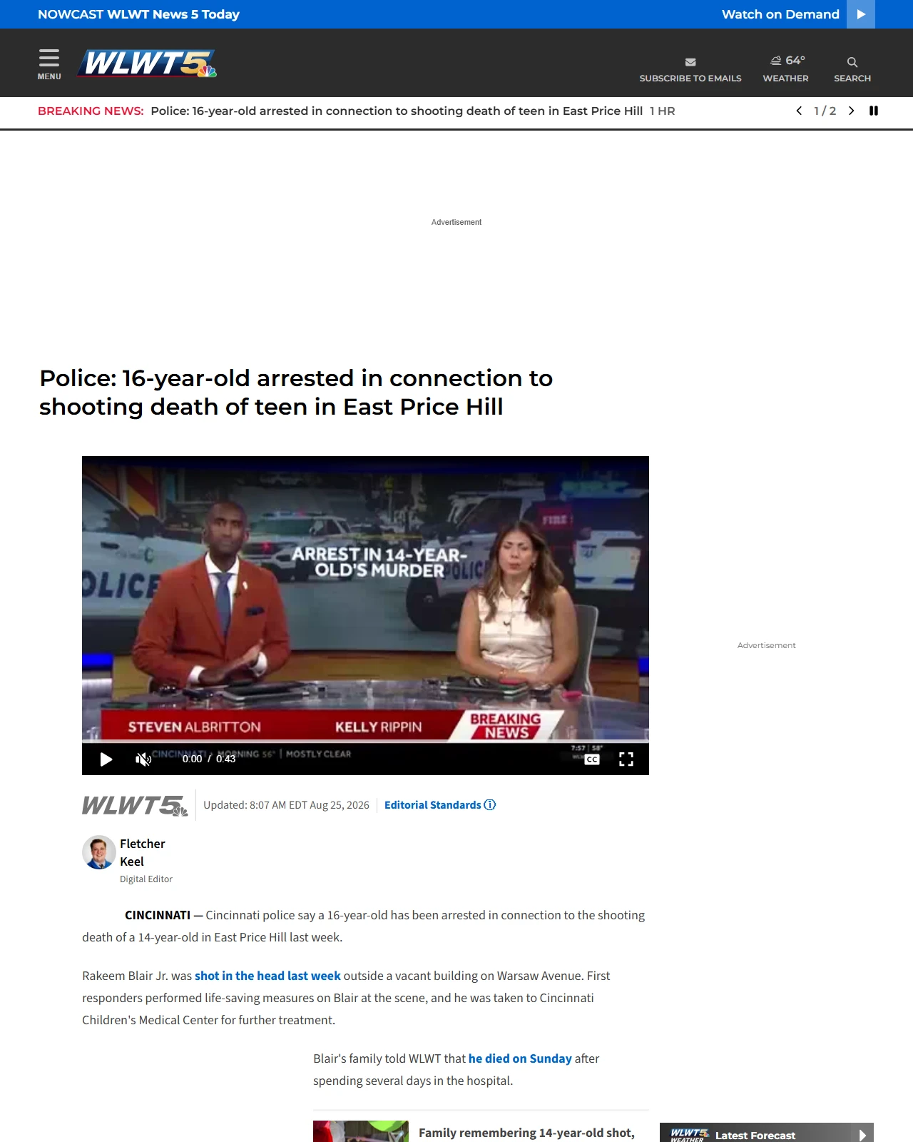 wlwt.com as published: Police: 16-year-old arrested in connection to shooting death of teen in East Price Hill