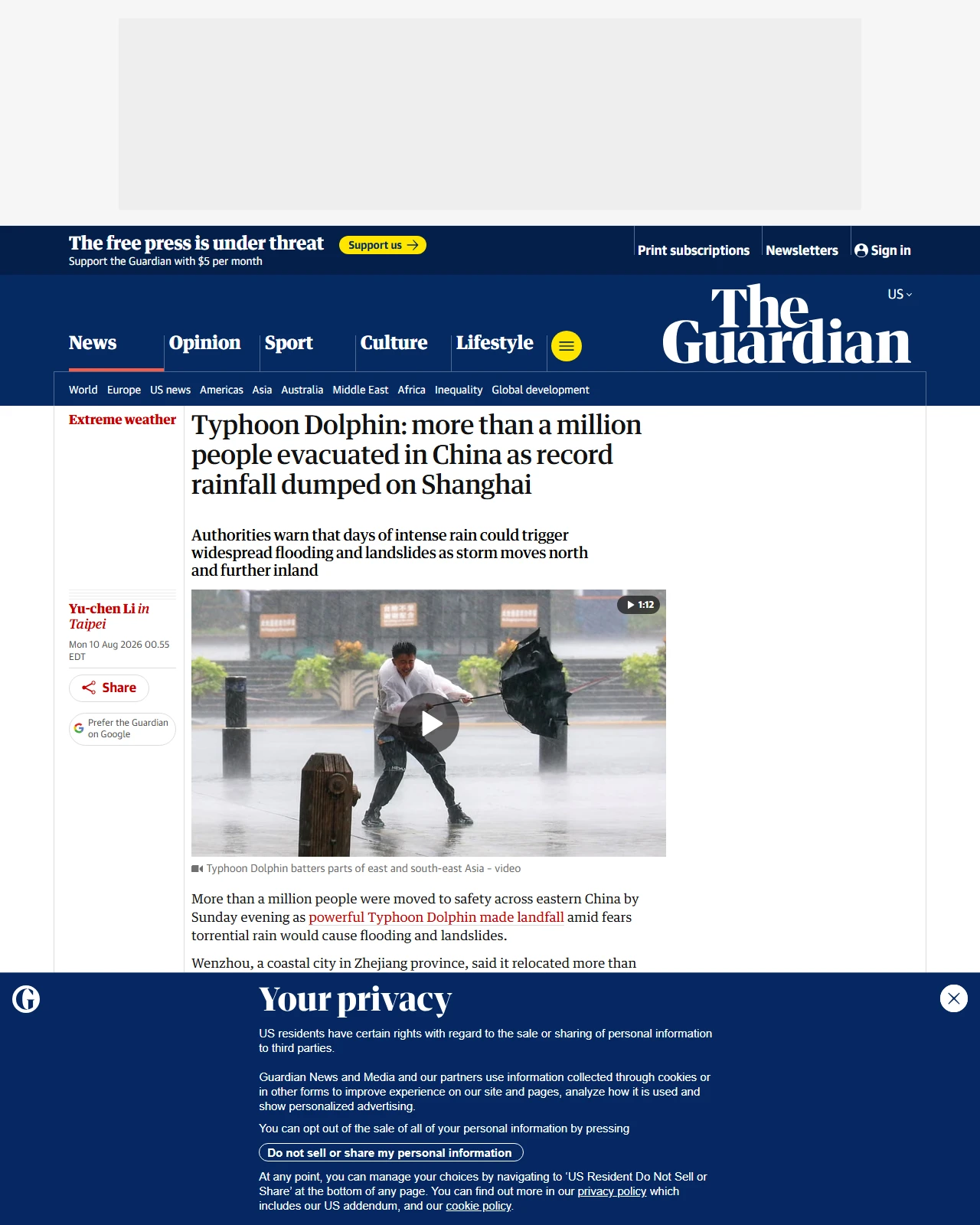 theguardian.com as published: Typhoon Dolphin: more than a million people evacuated in China as record rainfall dumped on Shanghai