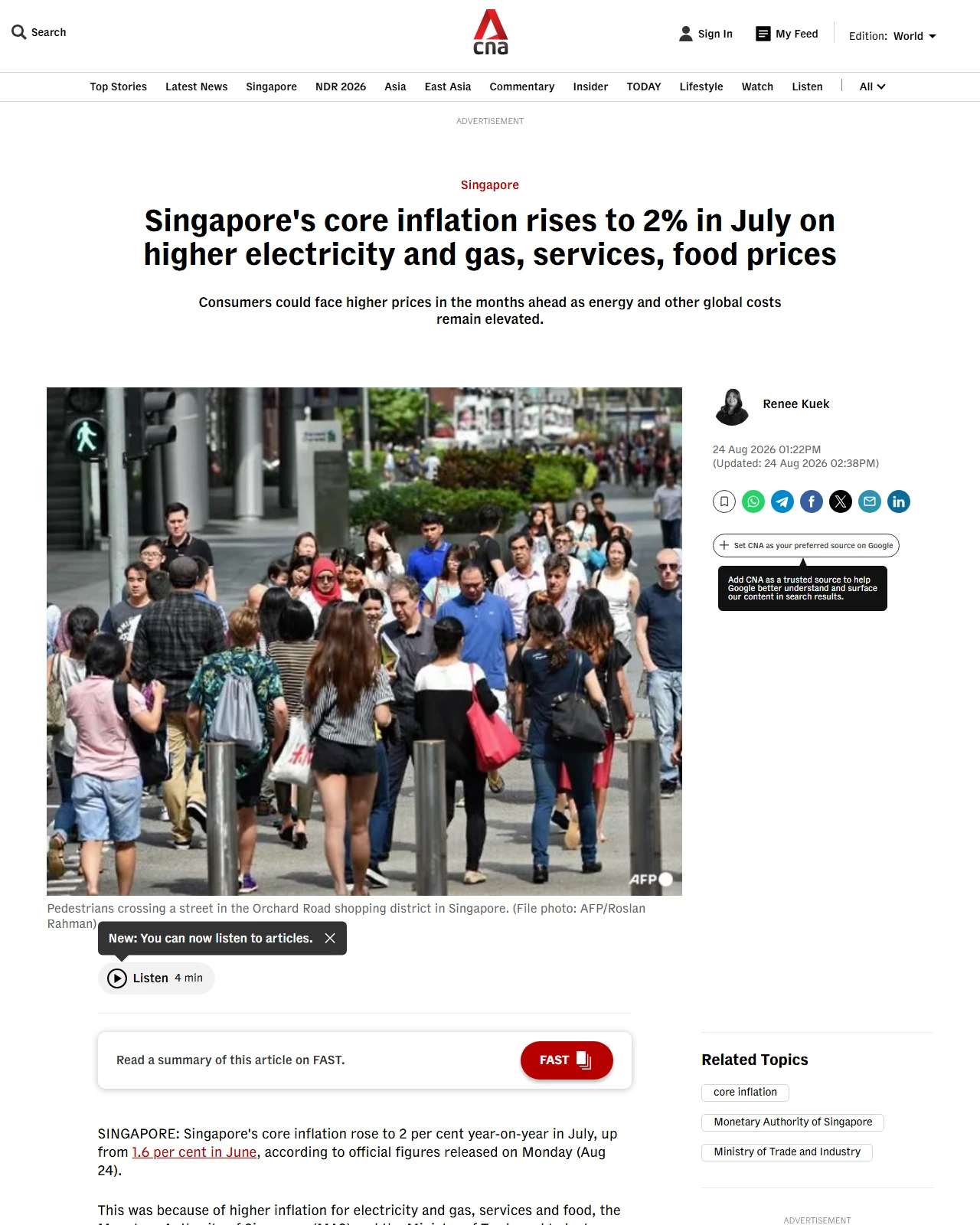 channelnewsasia.com as published: Singapore's core inflation rises to 2% in July on higher electricity and gas, services, food prices