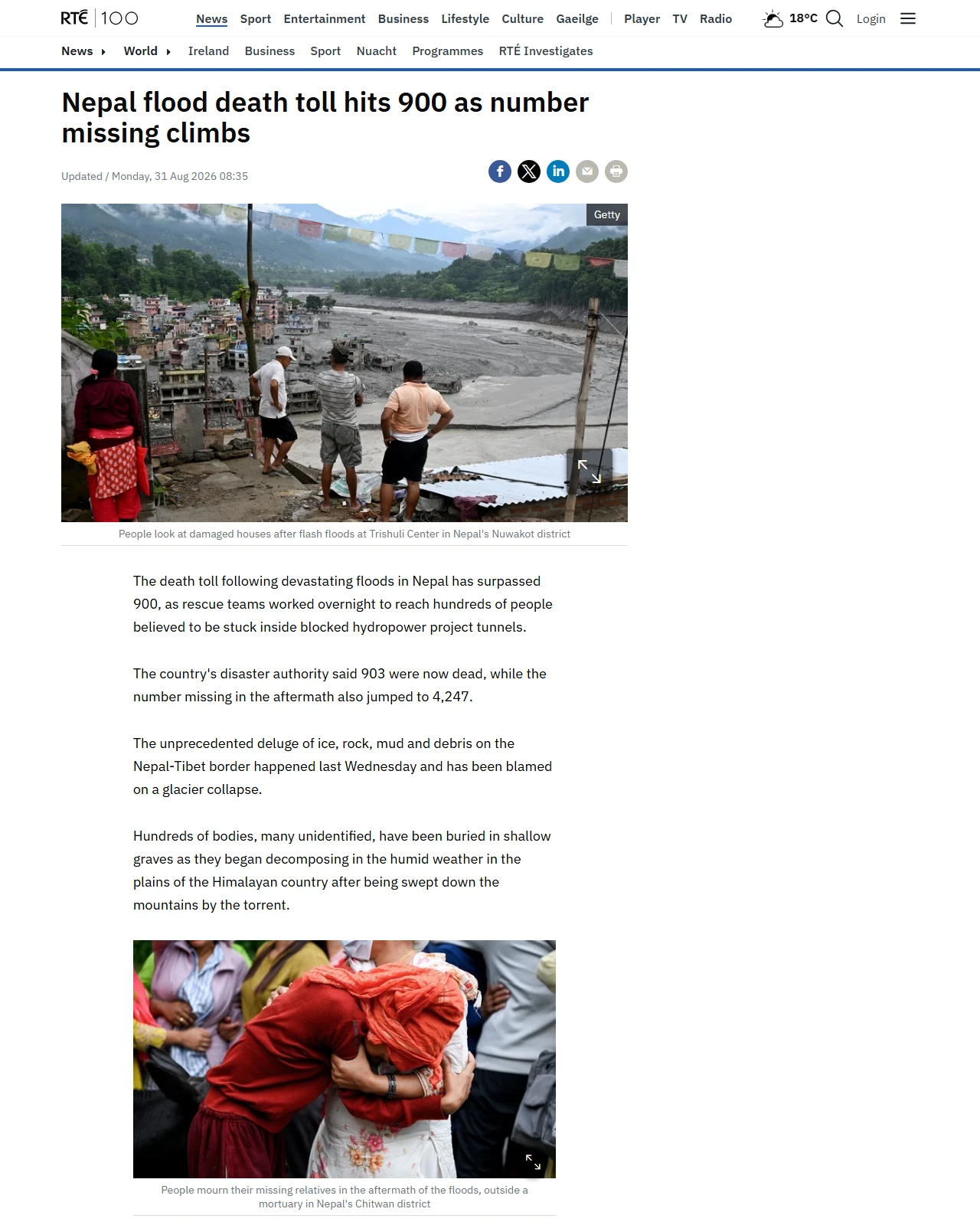 rte.ie as published: Nepal flood death toll hits 900 as number missing climbs