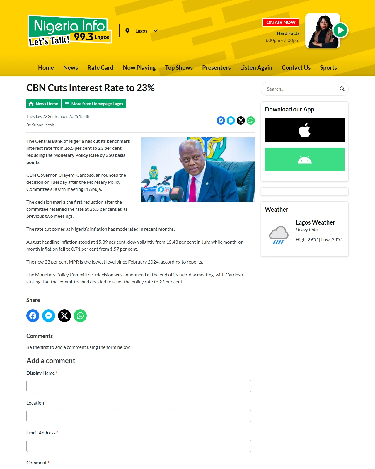 nigeriainfo.fm as published: CBN Cuts Interest Rate to 23%
