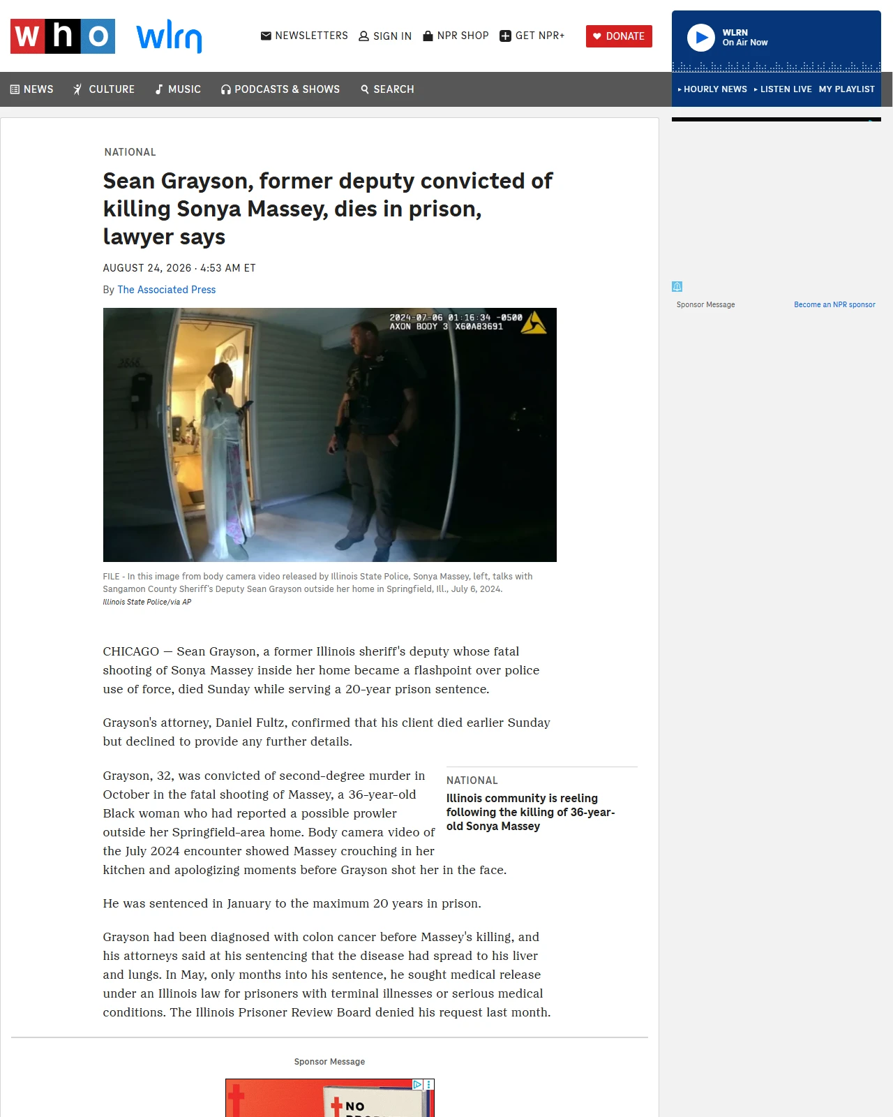 npr.org as published: Sean Grayson, former deputy convicted of killing Sonya Massey, dies in prison, lawyer says