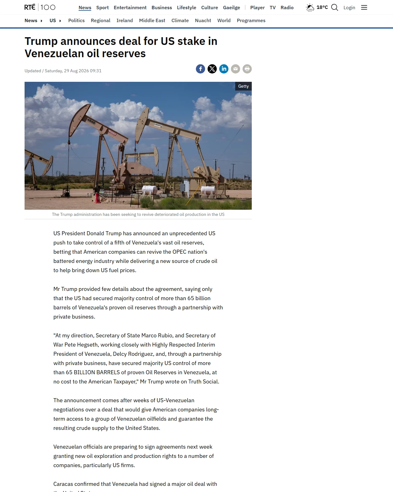 rte.ie as published: US and Venezuela agree deal on Venezuelan oil reserves