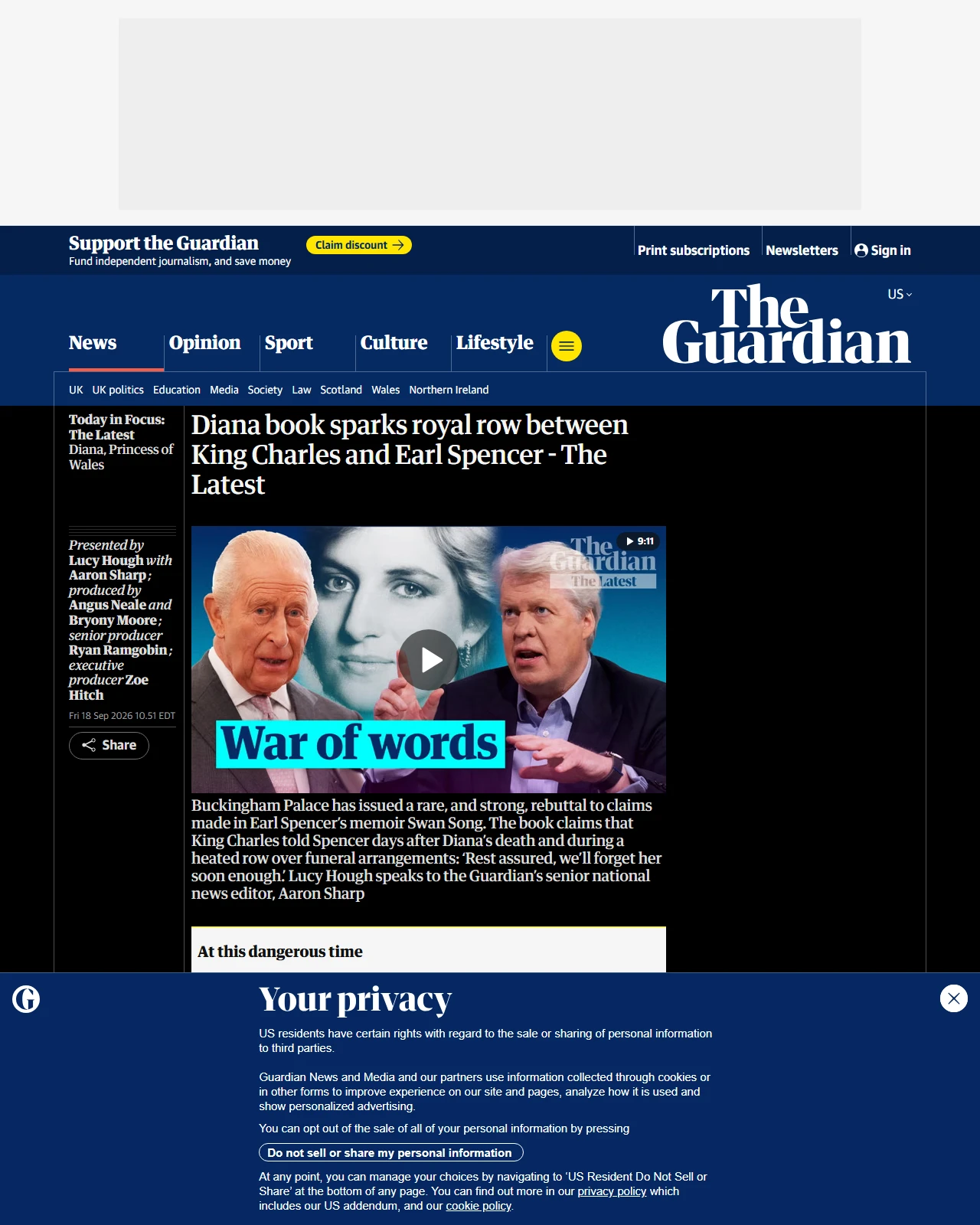 theguardian.com as published: Diana book sparks royal row between King Charles and Earl Spencer