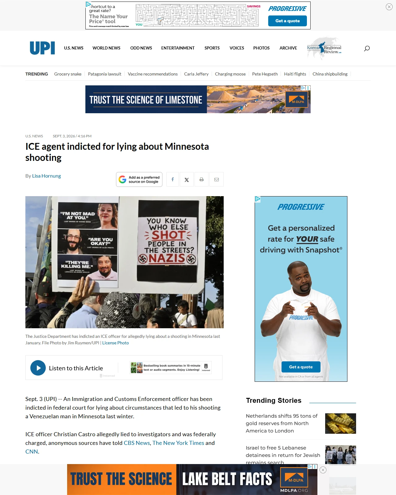 upi.com as published: ICE agent indicted for lying about Minnesota shooting