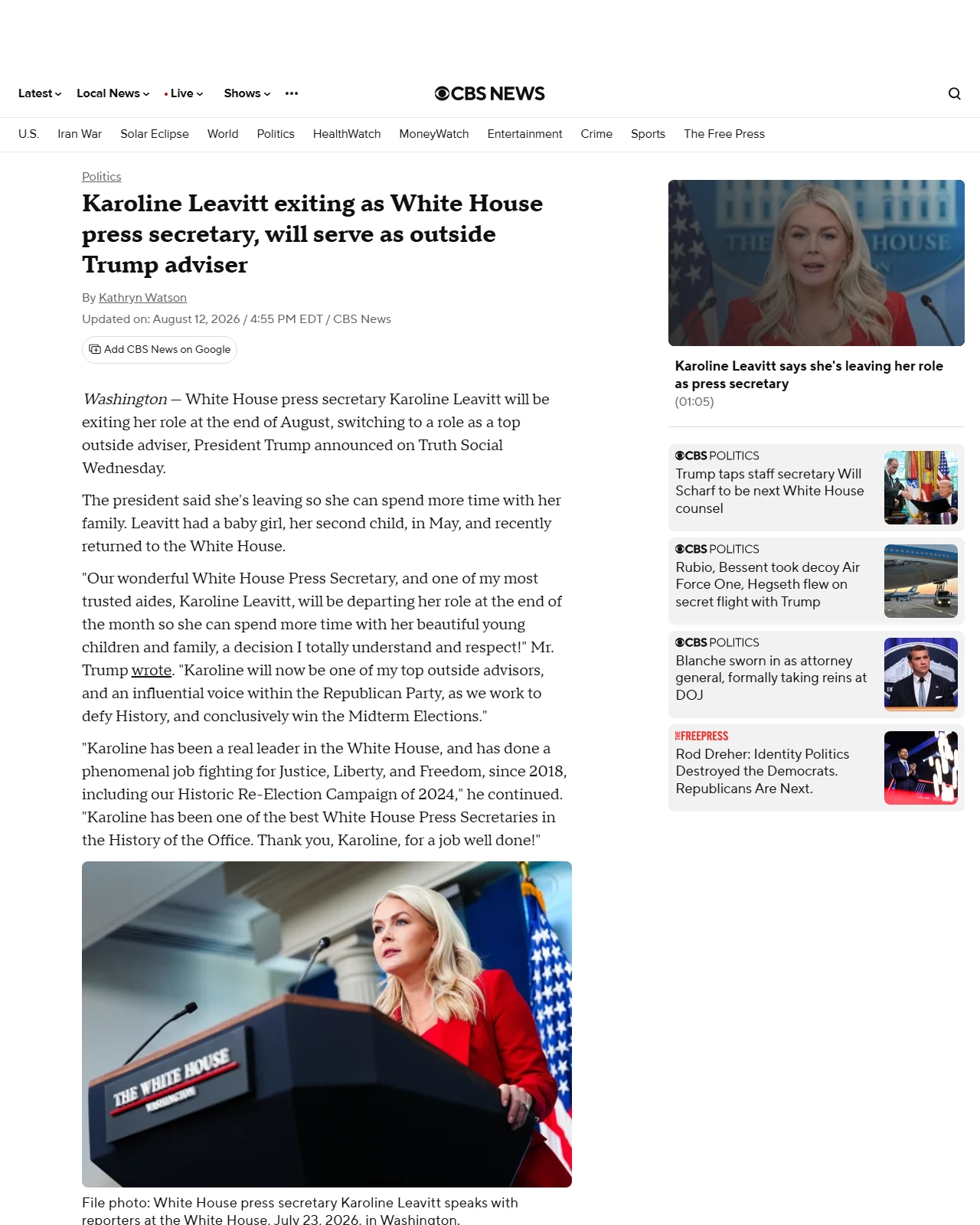 cbsnews.com as published: Karoline Leavitt exiting as White House press secretary