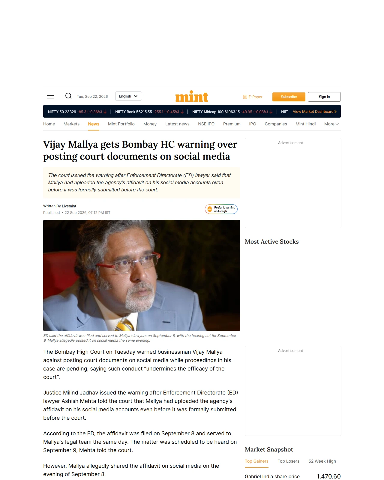 livemint.com as published: Vijay Mallya gets Bombay HC warning over posting court documents on social media