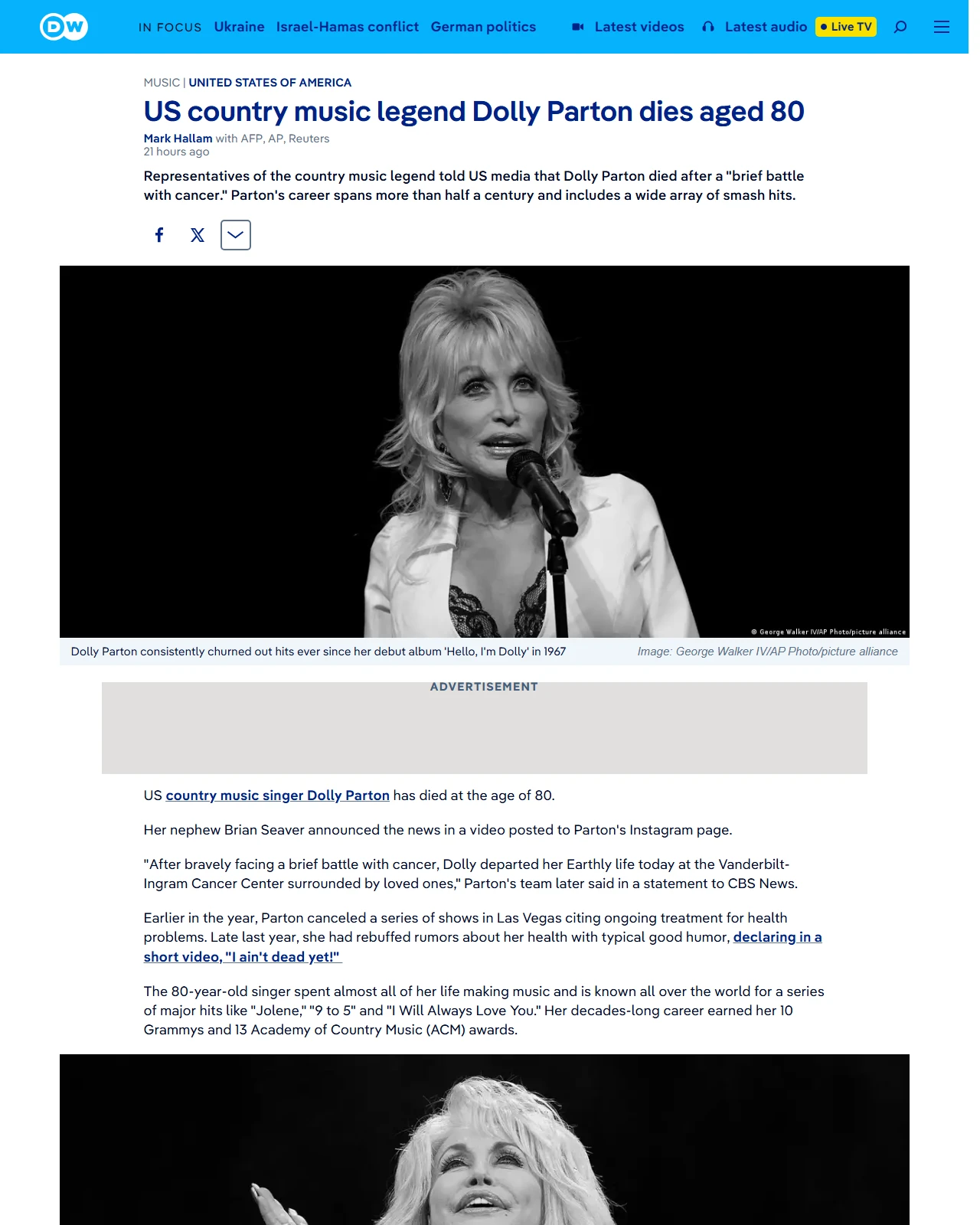 dw.com as published: US country music legend Dolly Parton dies aged 80