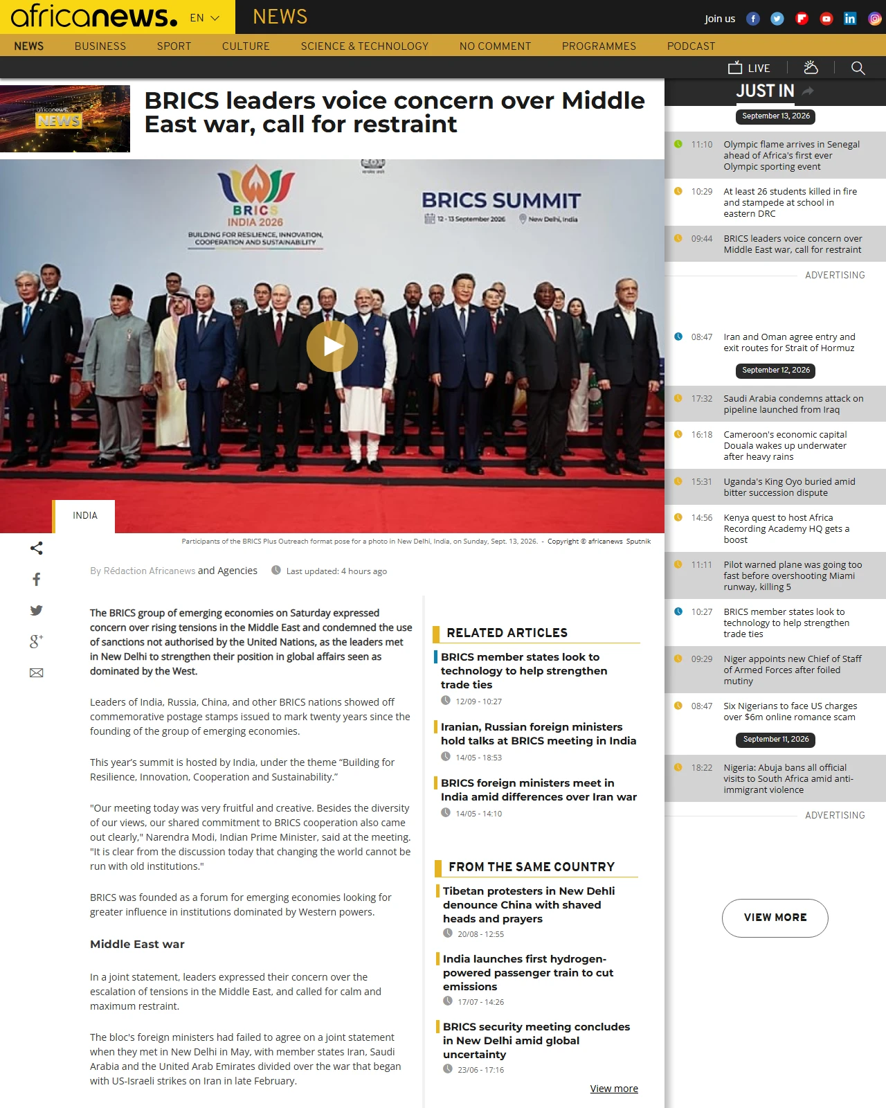africanews.com as published: BRICS leaders voice concern over Middle East war, call for restraint