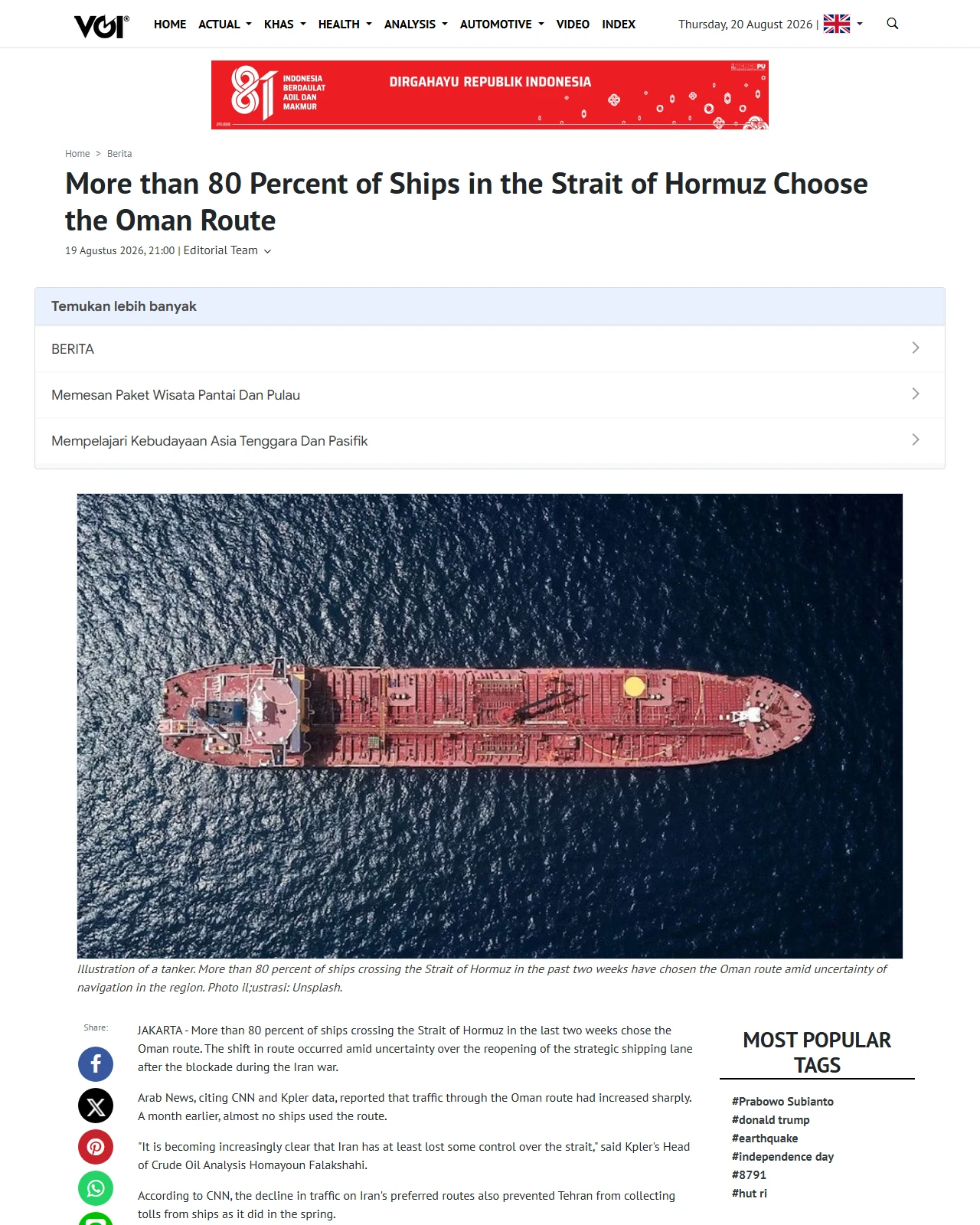 voi.id as published: More than 80 Percent of Ships in the Strait of Hormuz Choose the Oman Route