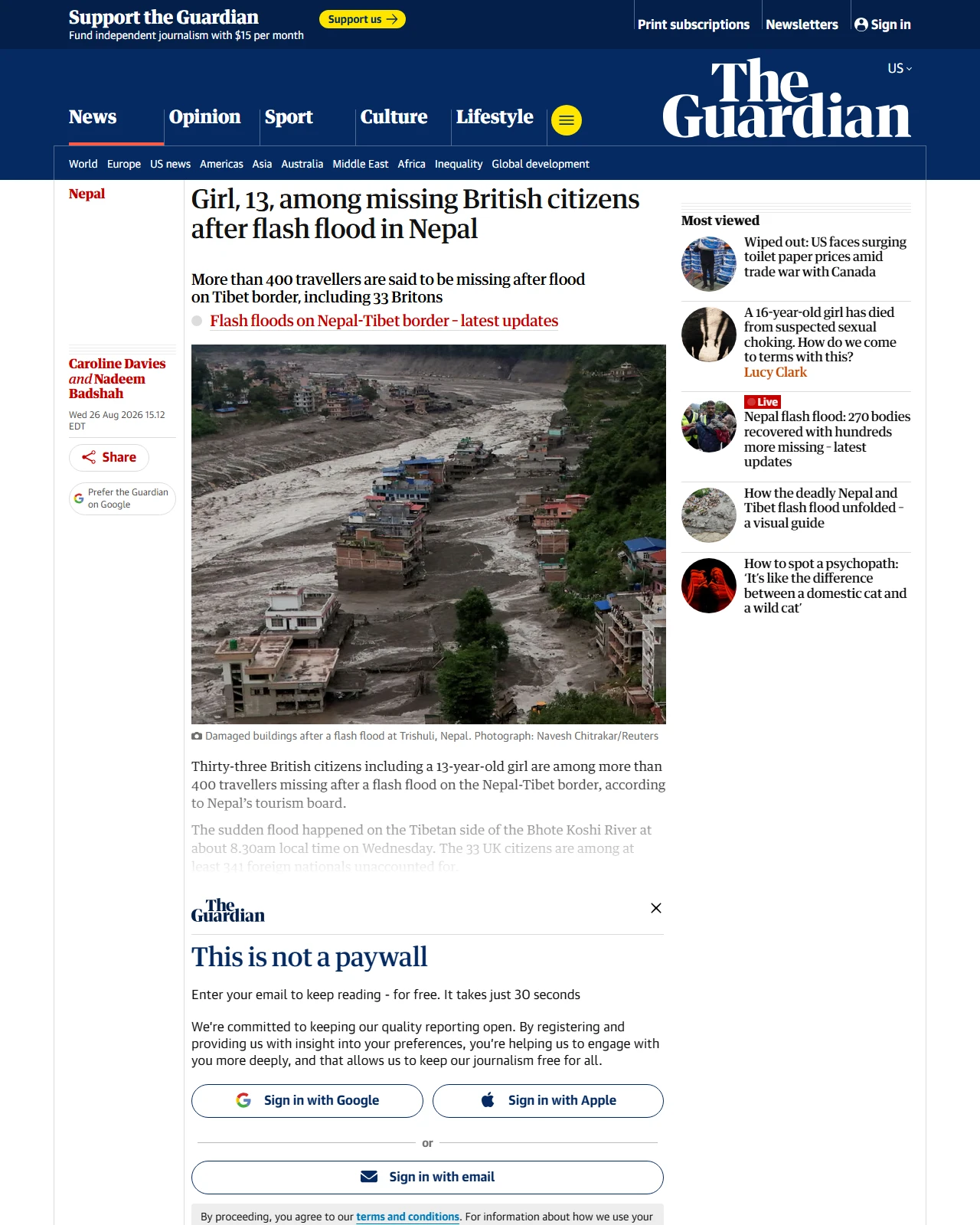 theguardian.com as published: Girl, 13, among missing British citizens after flash flood in Nepal