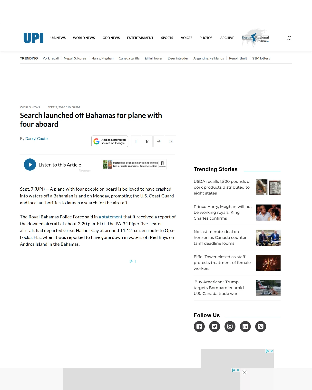 upi.com as published: Search launched off Bahamas for plane with four aboard