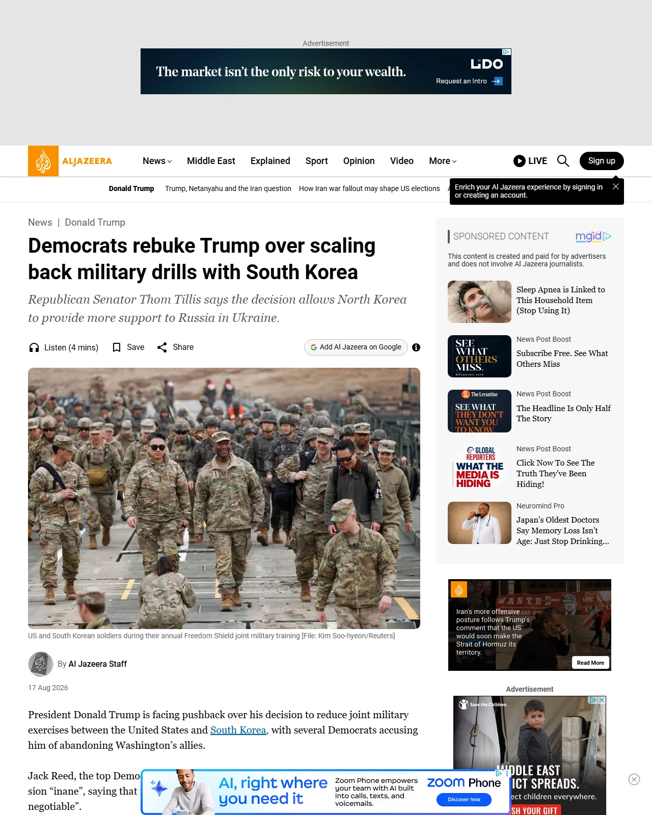 aljazeera.com as published: Democrats rebuke Trump over scaling back military drills with South Korea