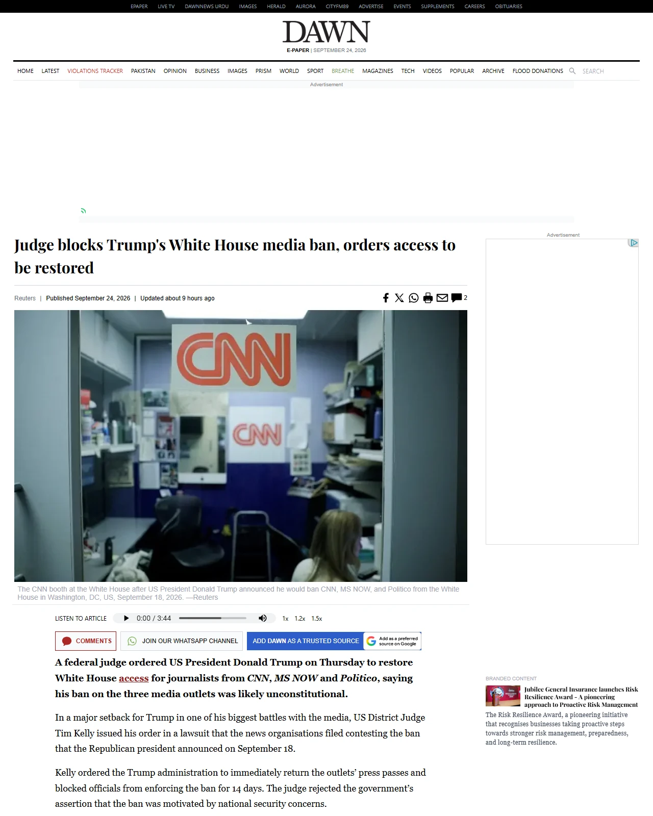 dawn.com as published: Judge blocks Trump's White House media ban, orders access to be restored