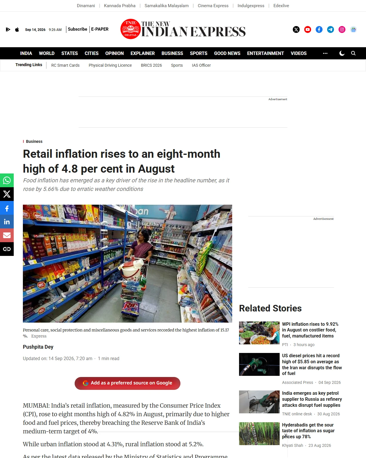 newindianexpress.com as published: Retail inflation rises to an eight-month high of 4.8 per cent in August