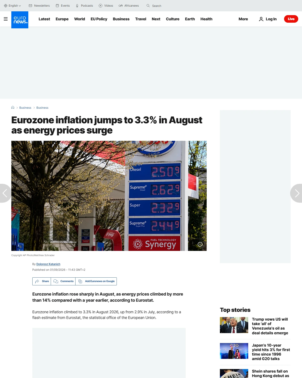 euronews.com as published: Eurozone inflation jumps to 3.3% in August as energy prices surge