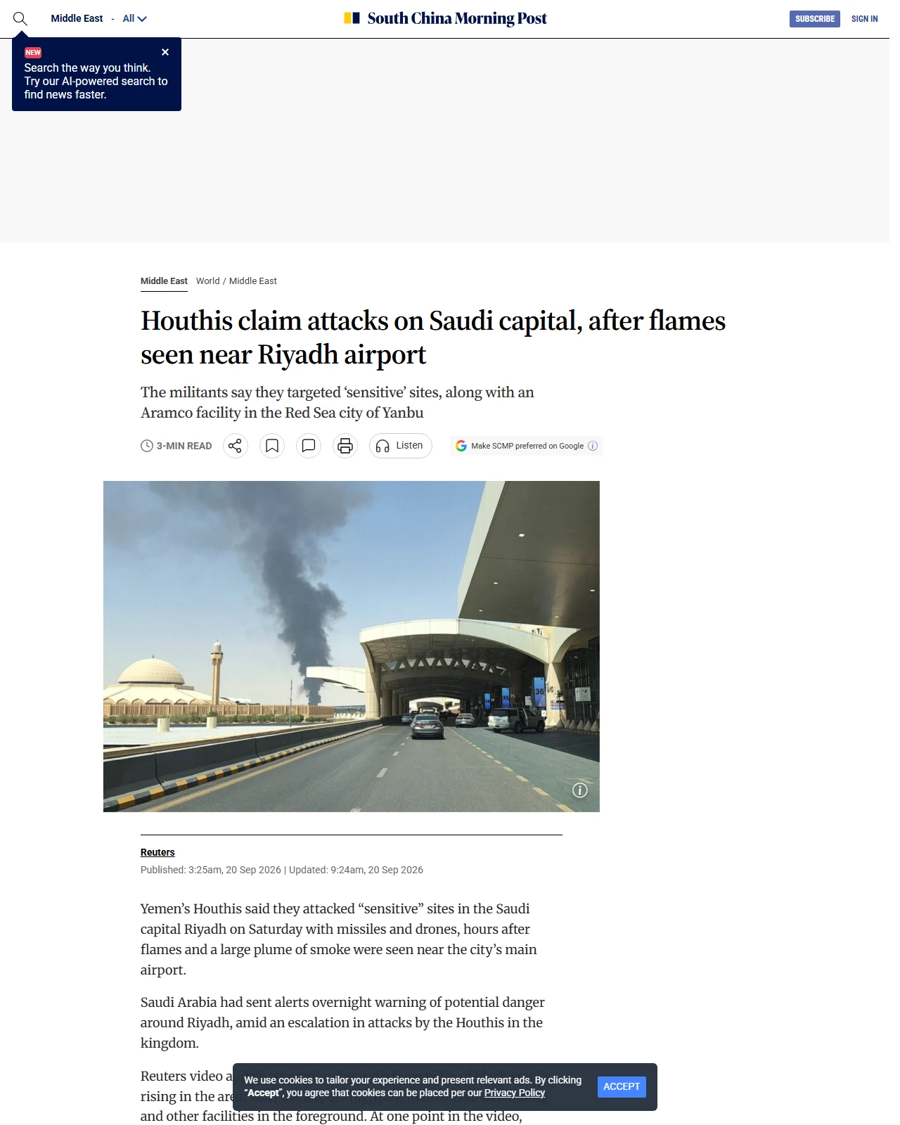scmp.com as published: Houthis claim attacks on Saudi capital, after flames seen near Riyadh airport
