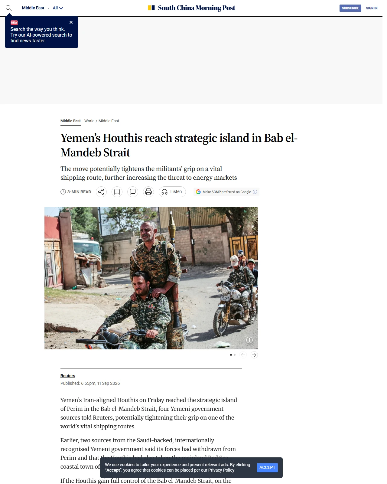 scmp.com as published: Yemen’s Houthis reach strategic island in Bab el-Mandeb Strait
