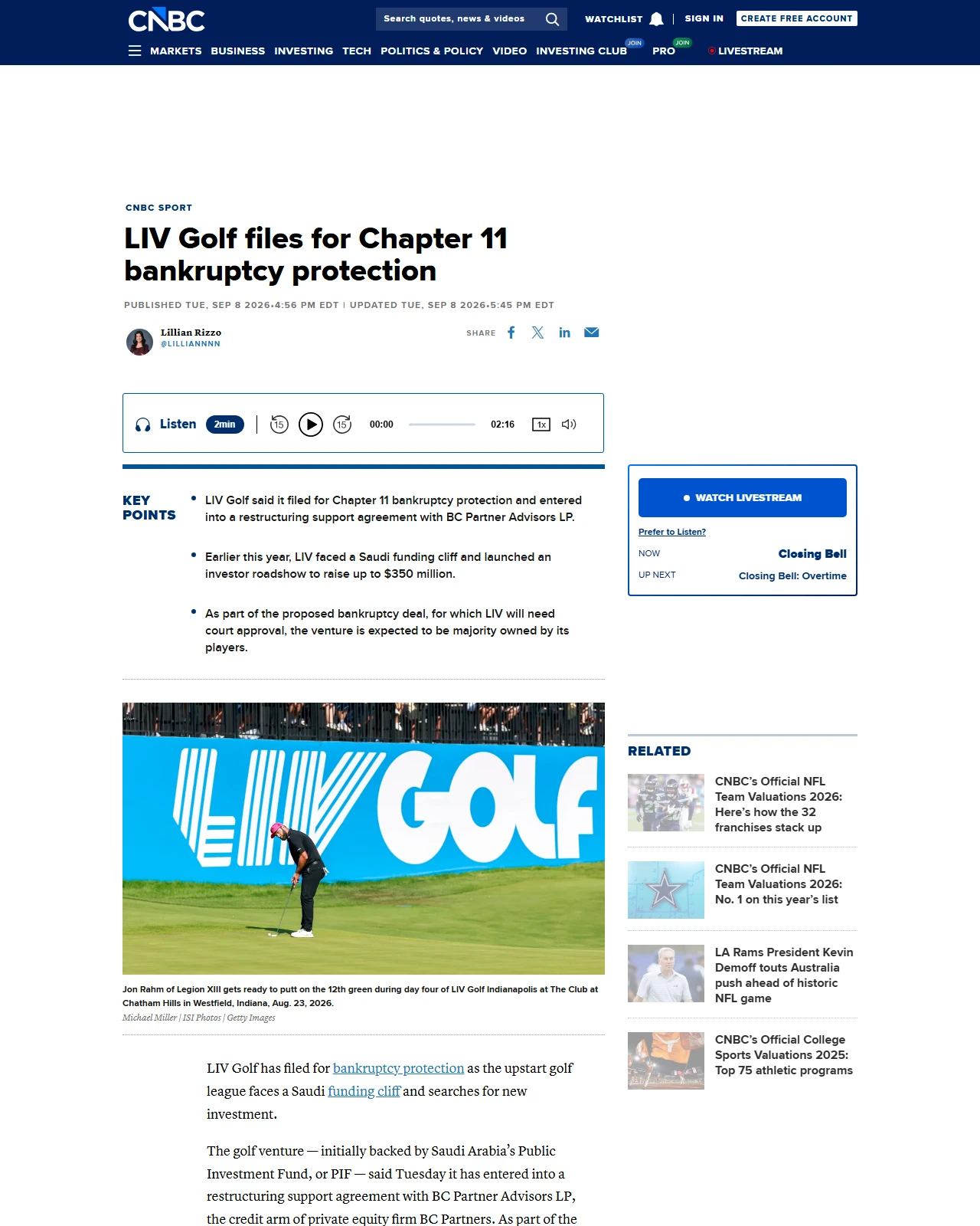 cnbc.com as published: LIV Golf files for Chapter 11 bankruptcy protection