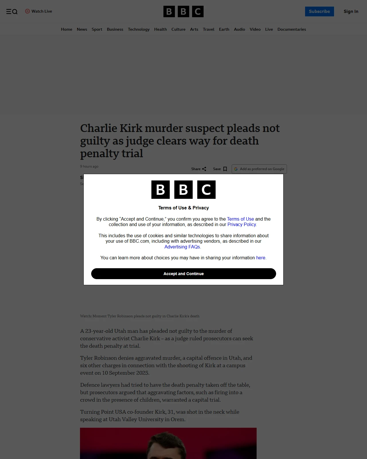 bbc.co.uk as published: Charlie Kirk murder suspect pleads not guilty as judge clears way for death penalty trial