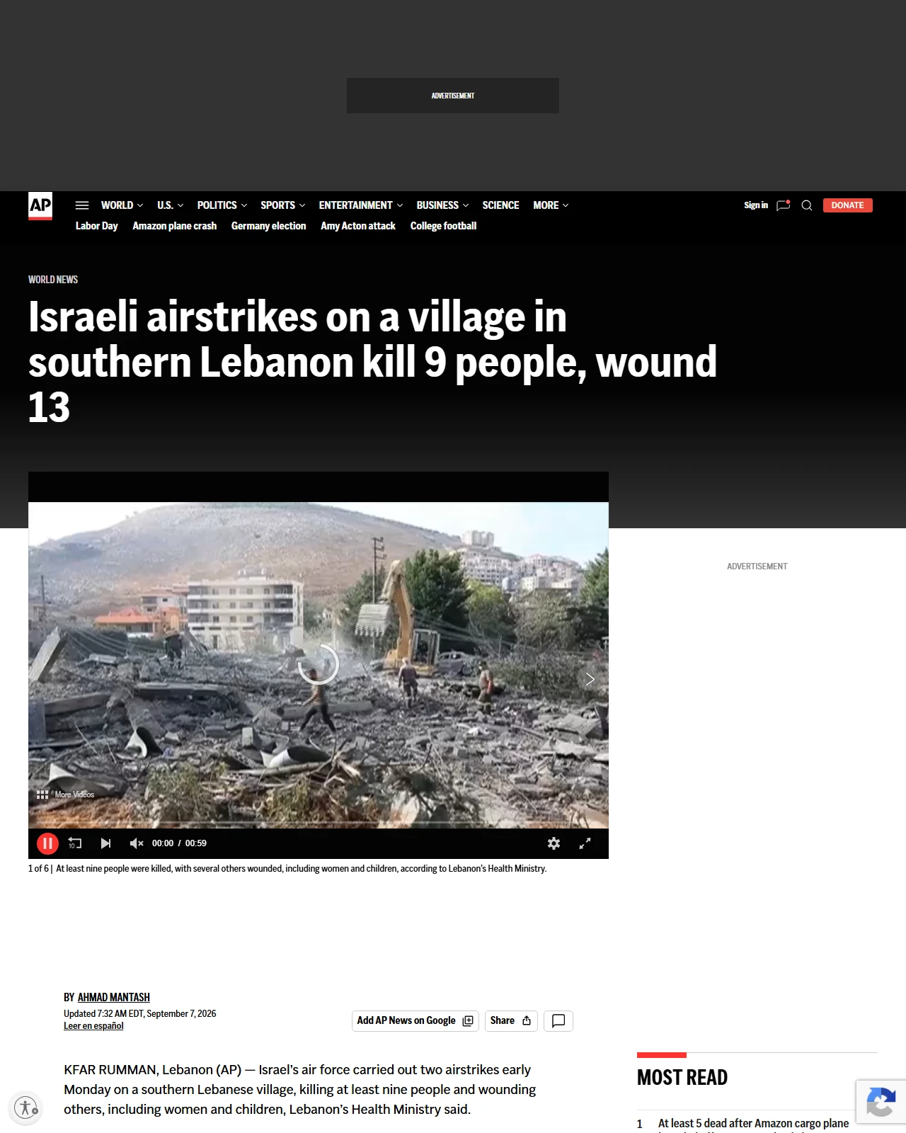 apnews.com as published: Israeli airstrikes on a village in southern Lebanon kill 9 people, wound 13