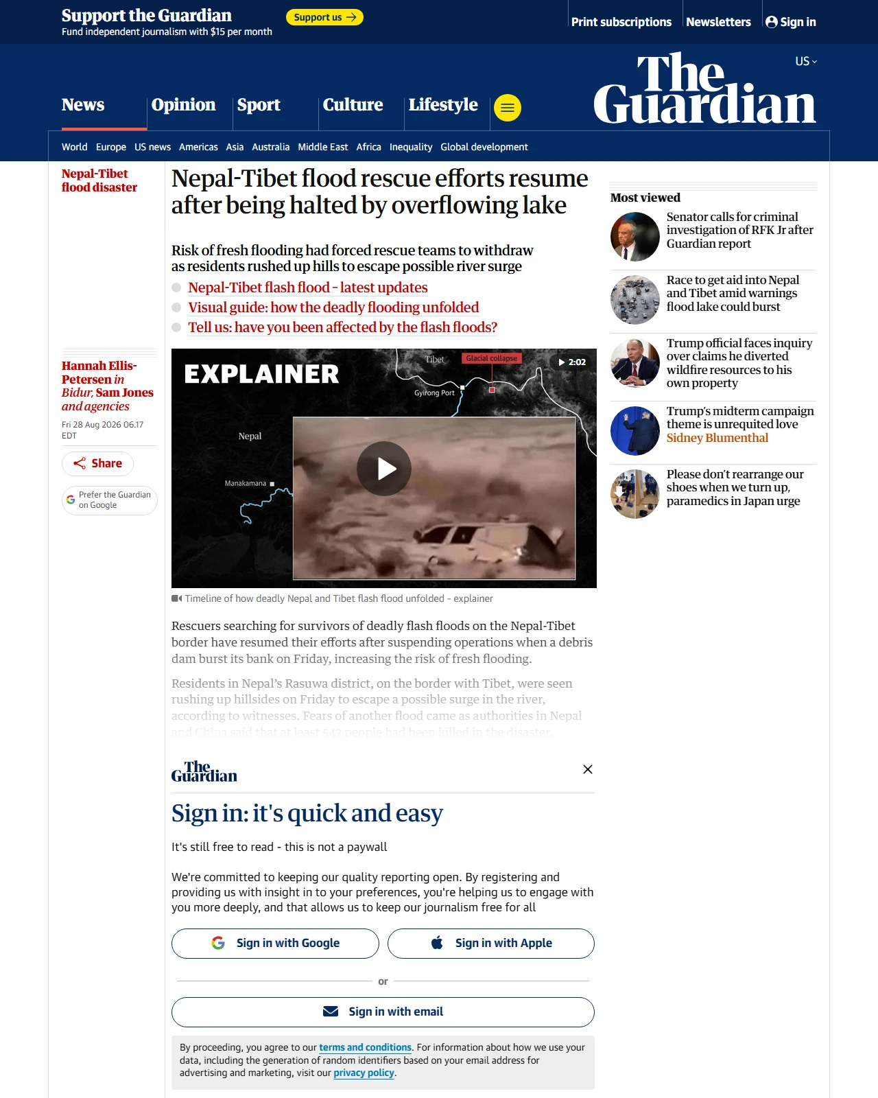 theguardian.com as published: Nepal-Tibet flood rescue efforts resume after being halted by overflowing lake