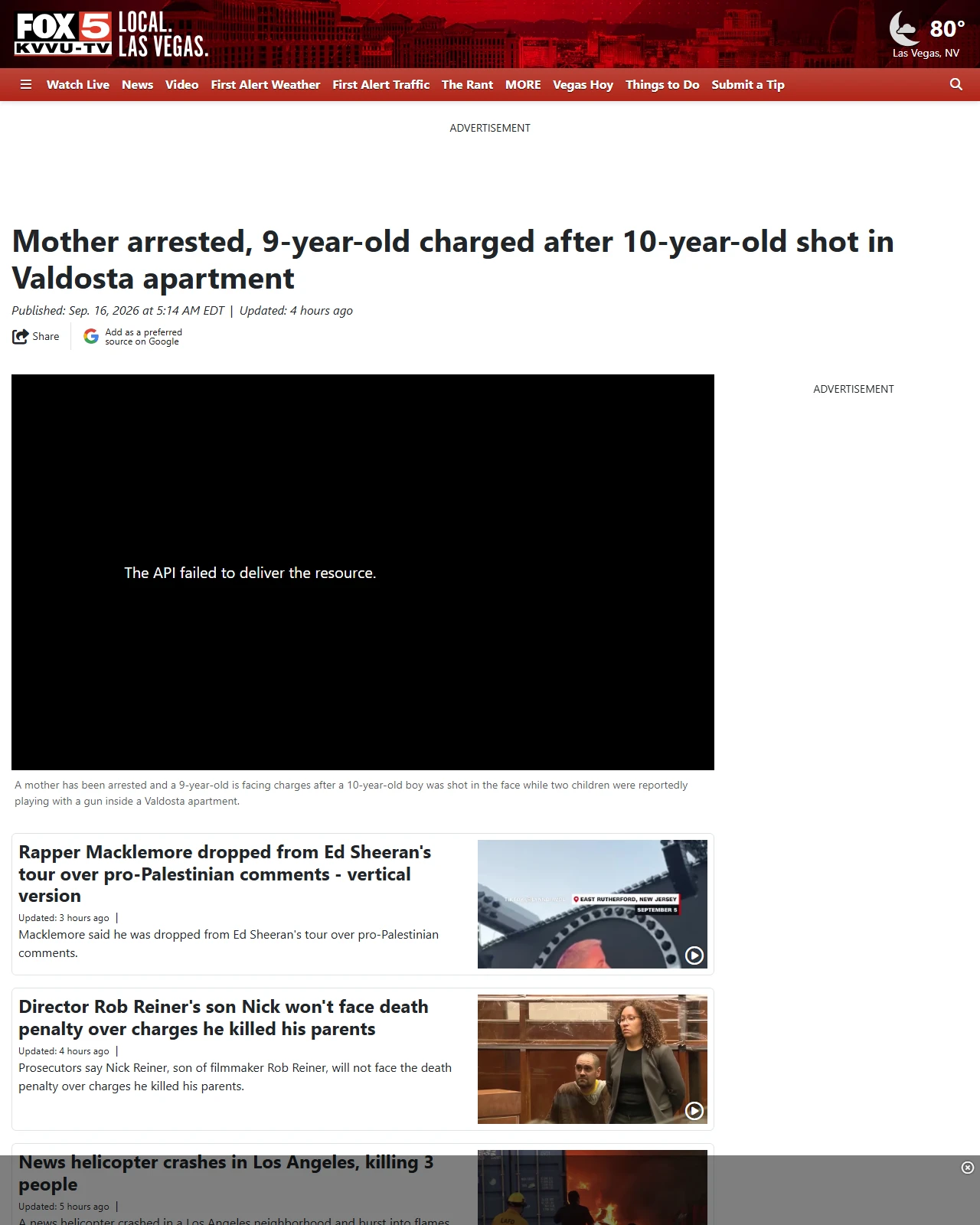 fox5vegas.com as published: Mother arrested, 9-year-old charged after 10-year-old shot in Valdosta apartment