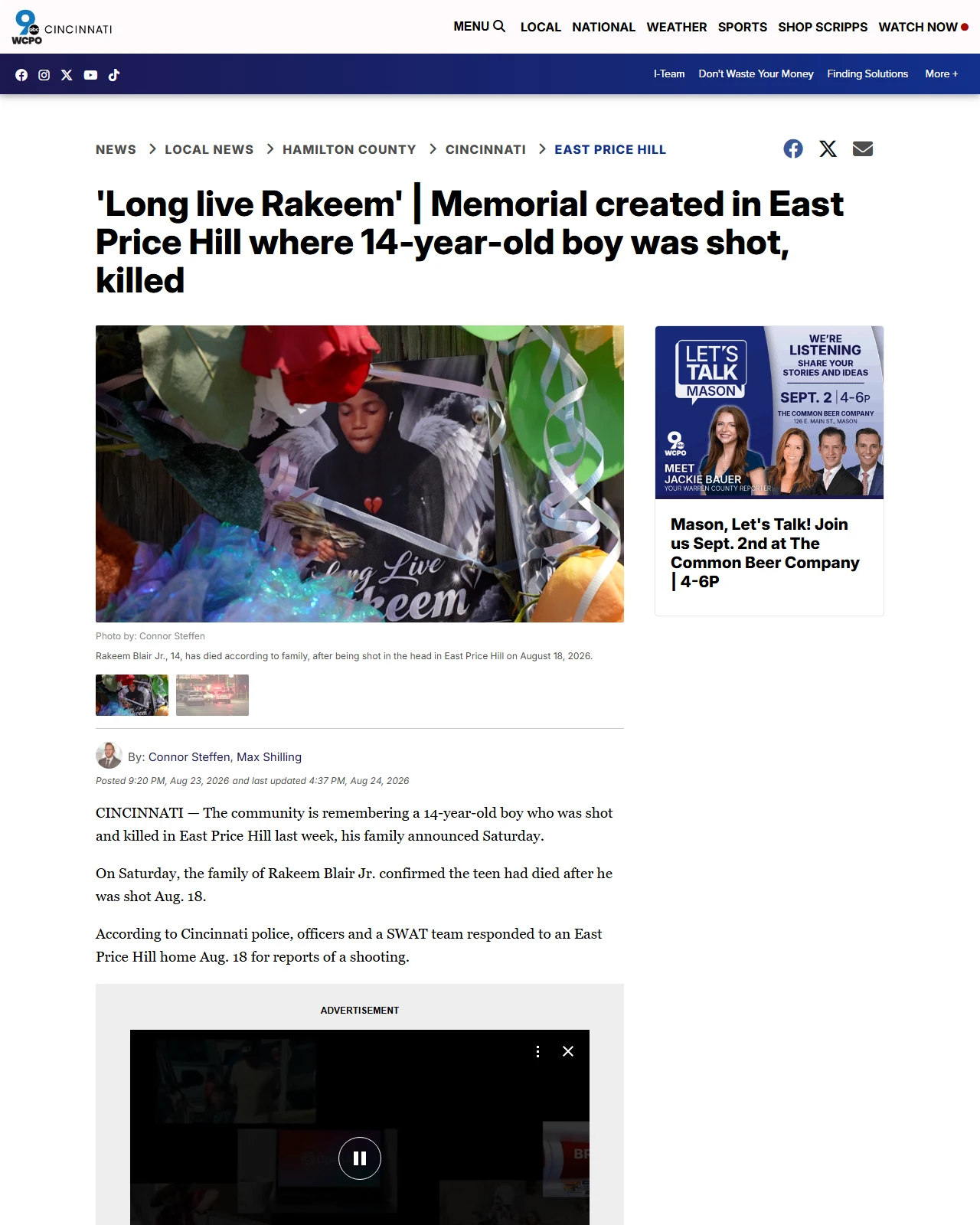 wcpo.com as published: 'Long live Rakeem' | Memorial created in East Price Hill where 14-year-old boy was shot, killed