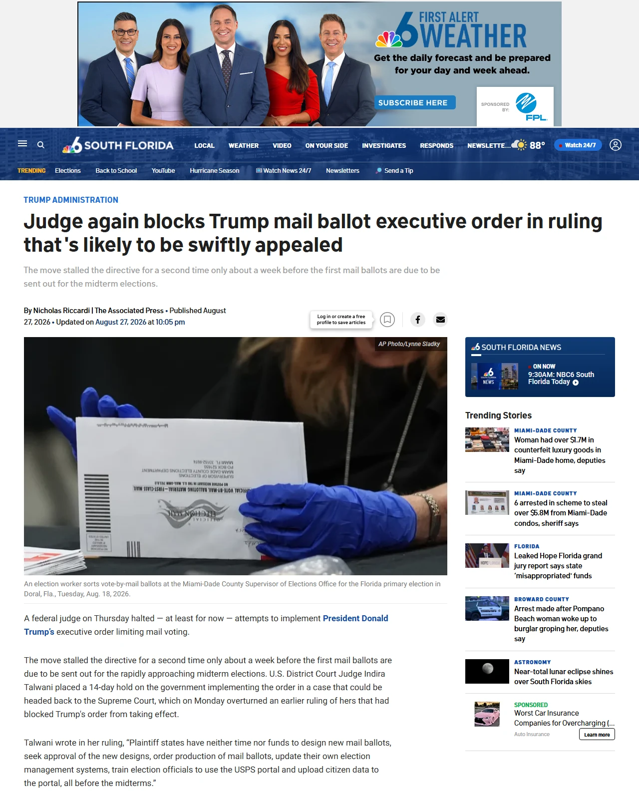 nbcmiami.com as published: Judge again blocks Trump mail ballot executive order in ruling that's likely to be swiftly appealed