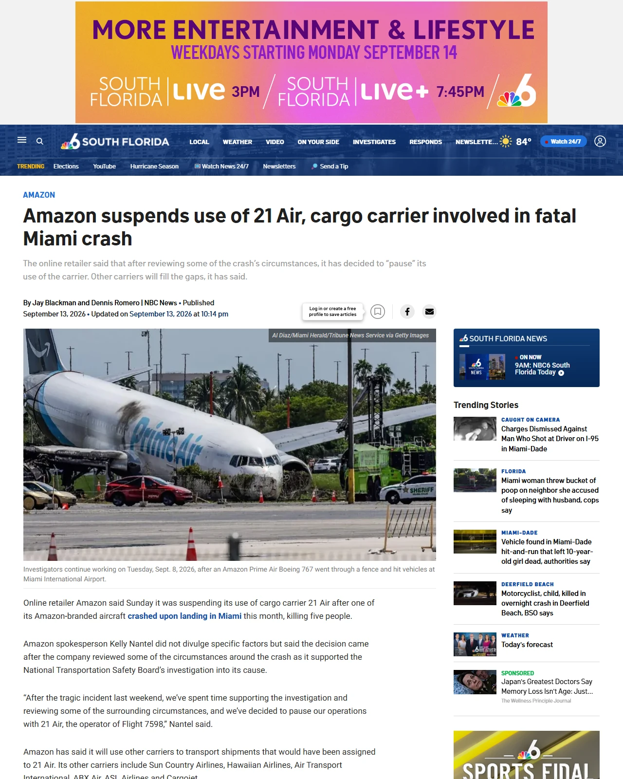 nbcmiami.com as published: Amazon suspends use of 21 Air, cargo carrier involved in fatal Miami crash
