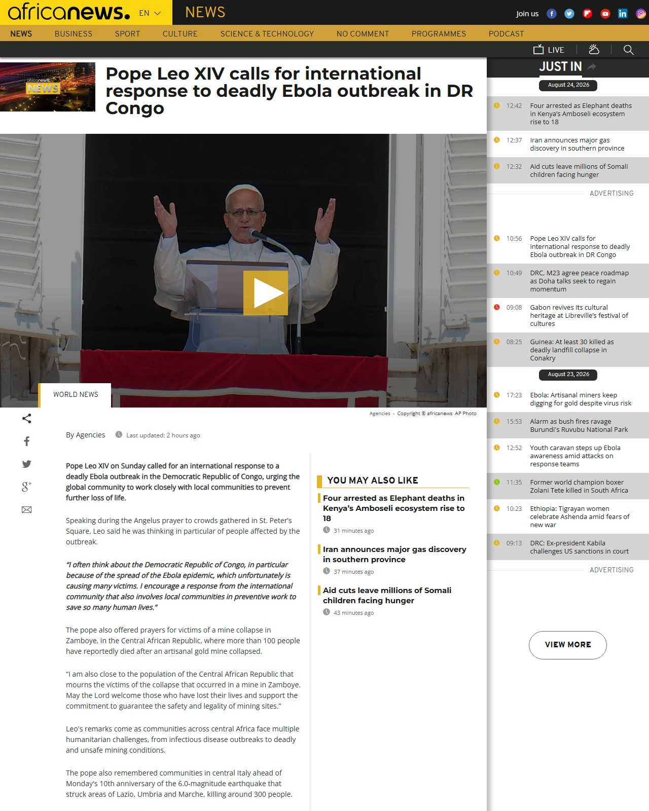 africanews.com as published: Pope Leo XIV calls for international response to deadly Ebola outbreak in DR Congo
