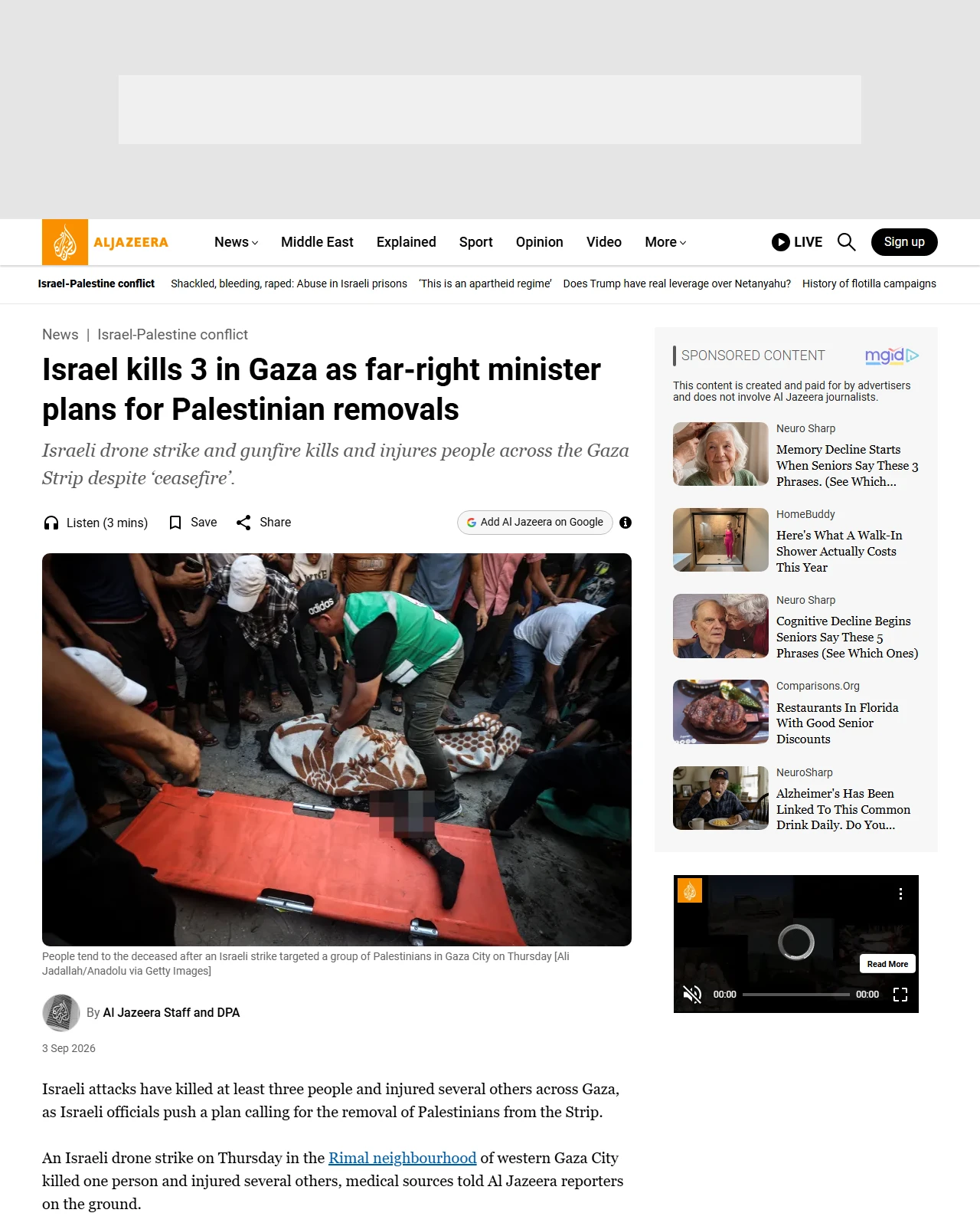 aljazeera.com as published: Israel kills 3 in Gaza as far-right minister plans for Palestinian removals