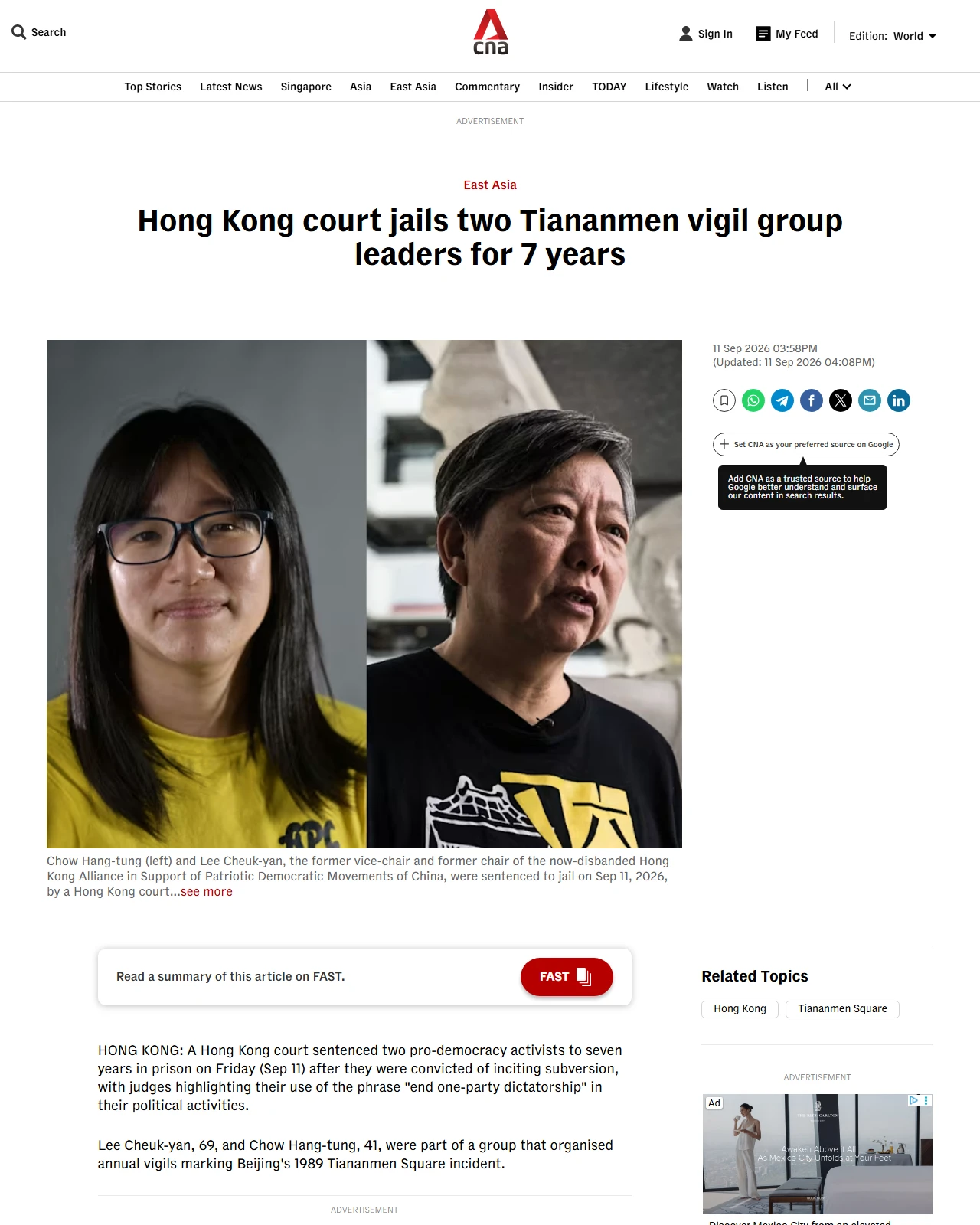 channelnewsasia.com as published: Hong Kong court jails two Tiananmen vigil group leaders for 7 years