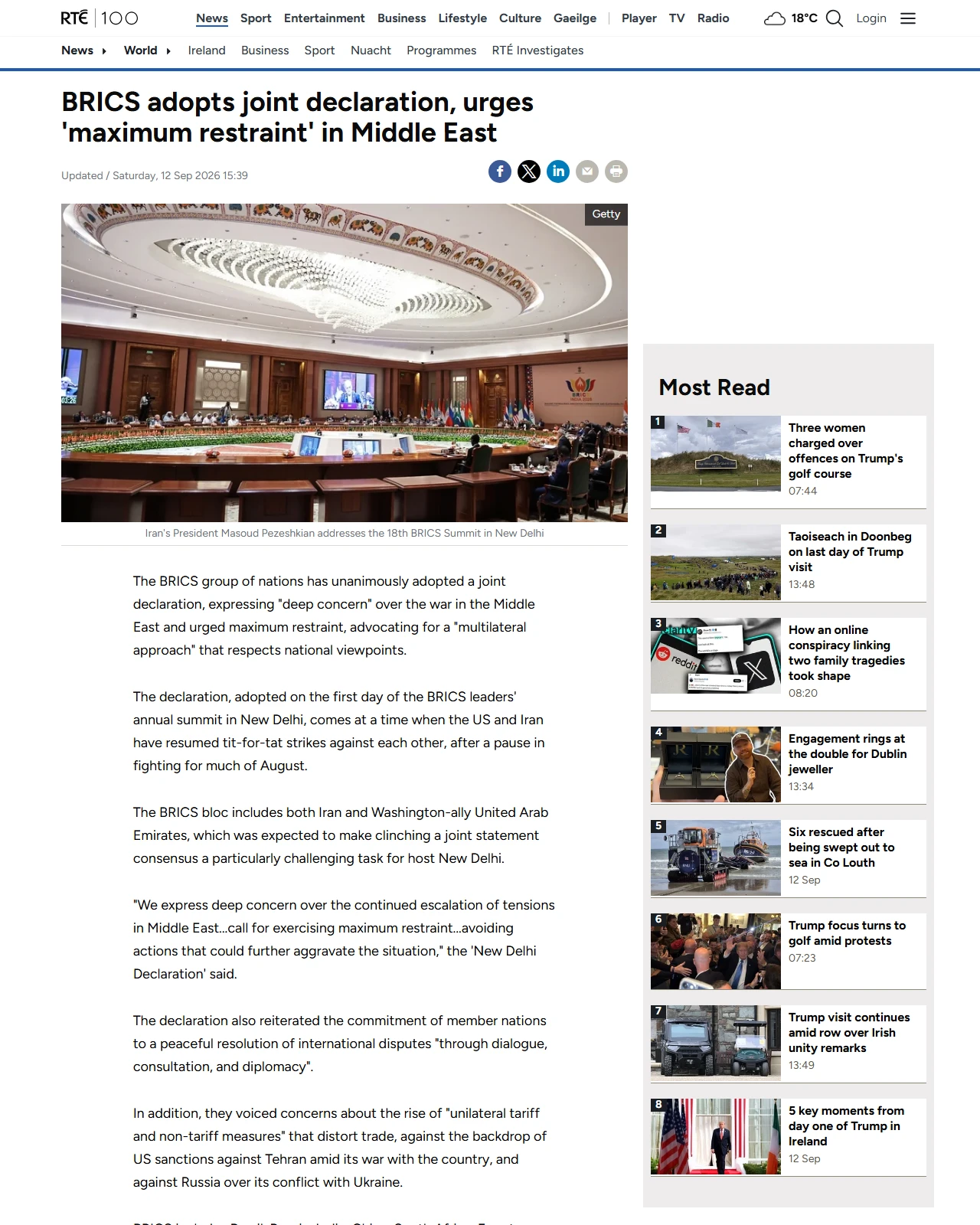 rte.ie as published: BRICS adopts joint declaration, urges Mideast 'restraint'