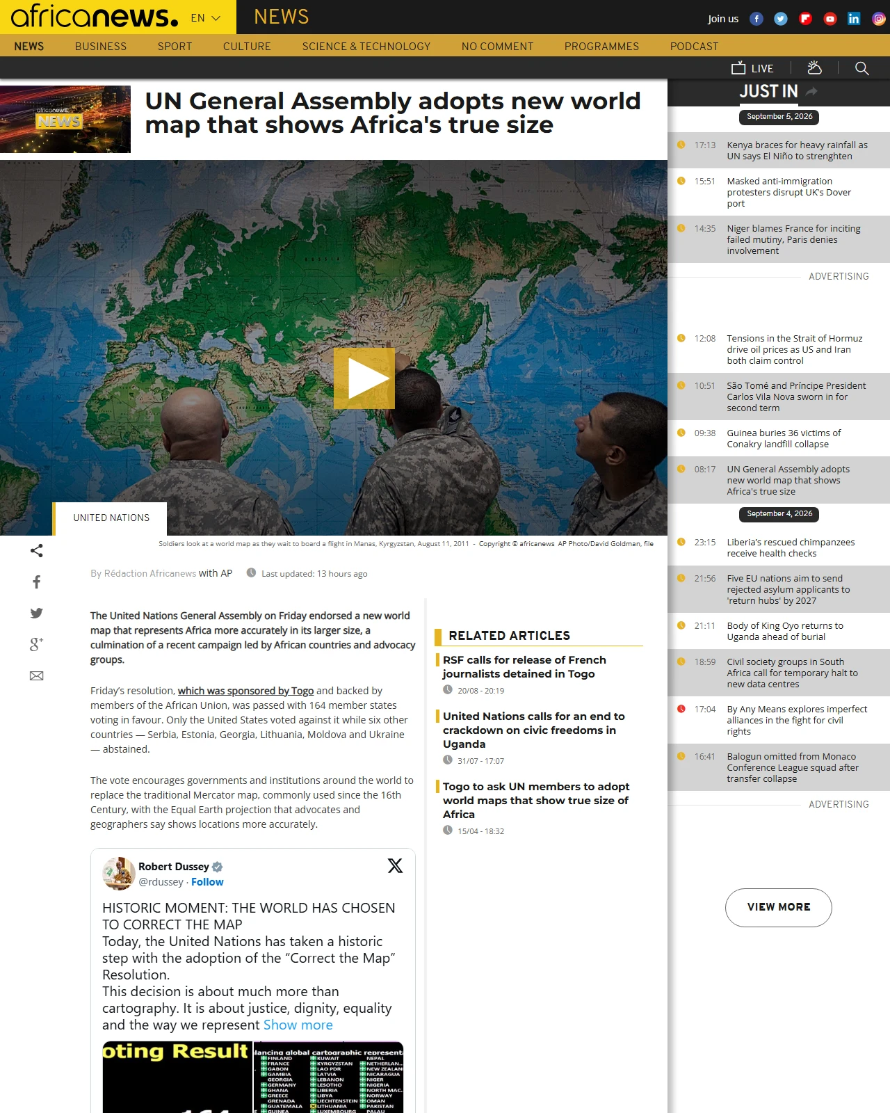 africanews.com as published: UN General Assembly adopts new world map that shows Africa's true size