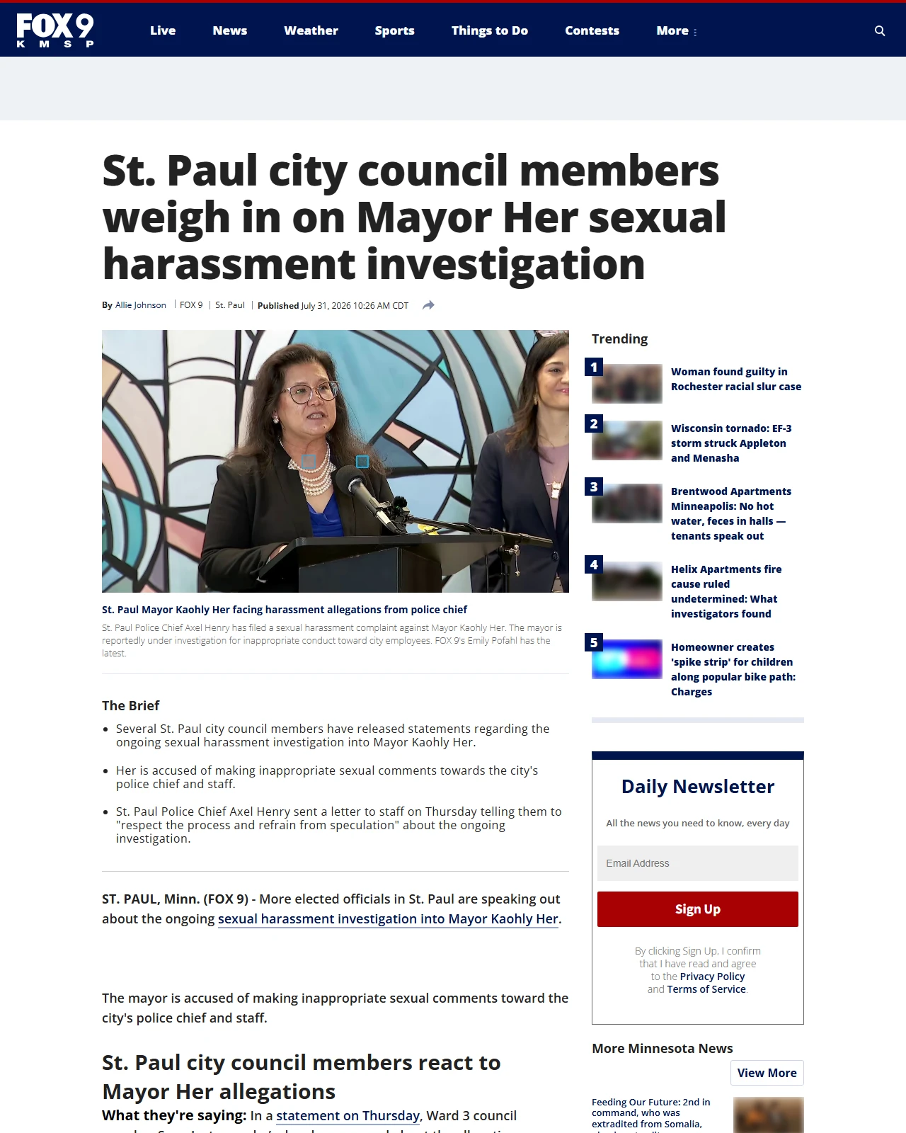 fox9.com as published: St. Paul Mayor Kaohly Her facing harassment allegations from police chief - FOX 9 Minneapolis-St. Paul