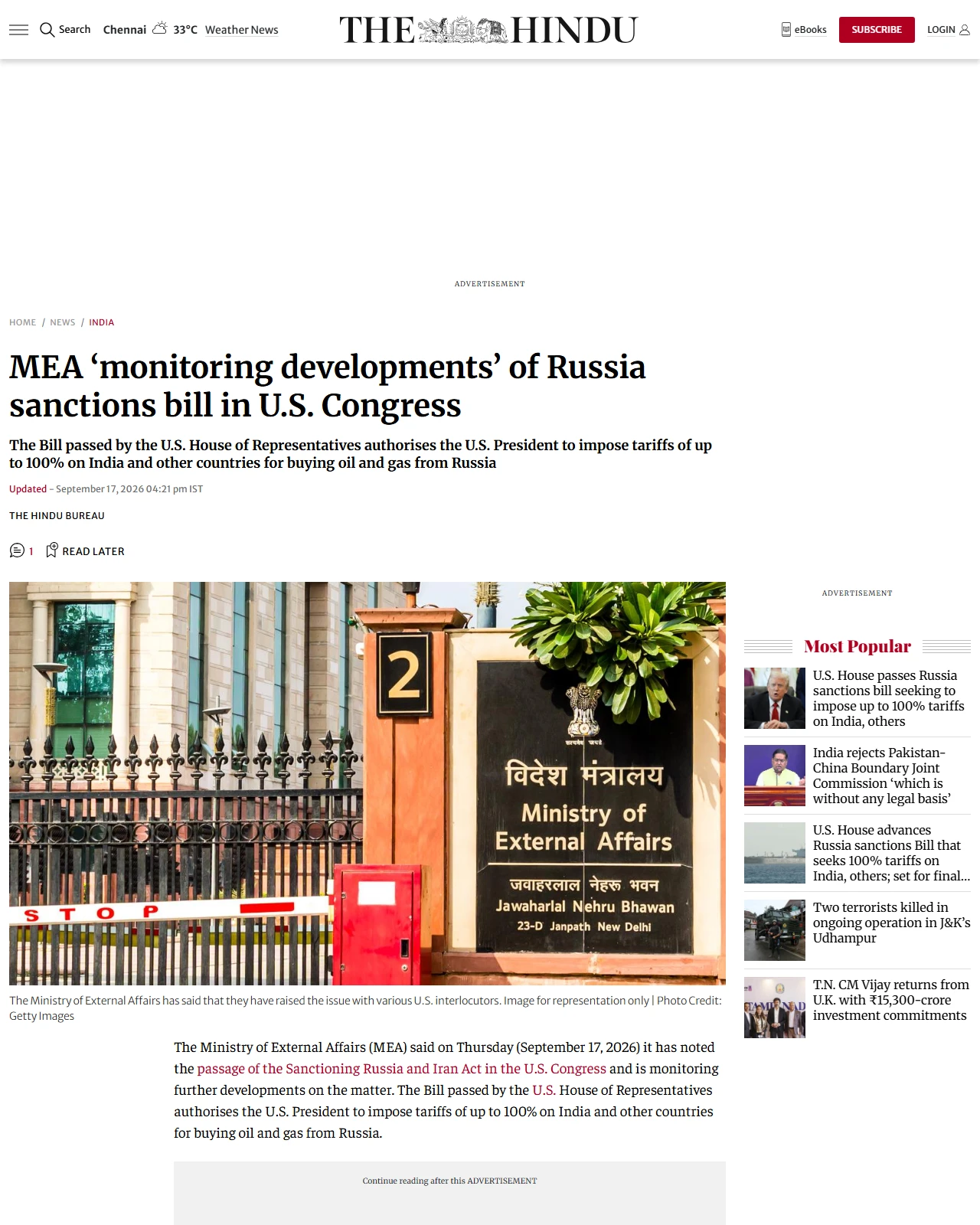 thehindu.com as published: MEA ‘monitoring developments’ of Russia sanctions bill in U.S. Congress