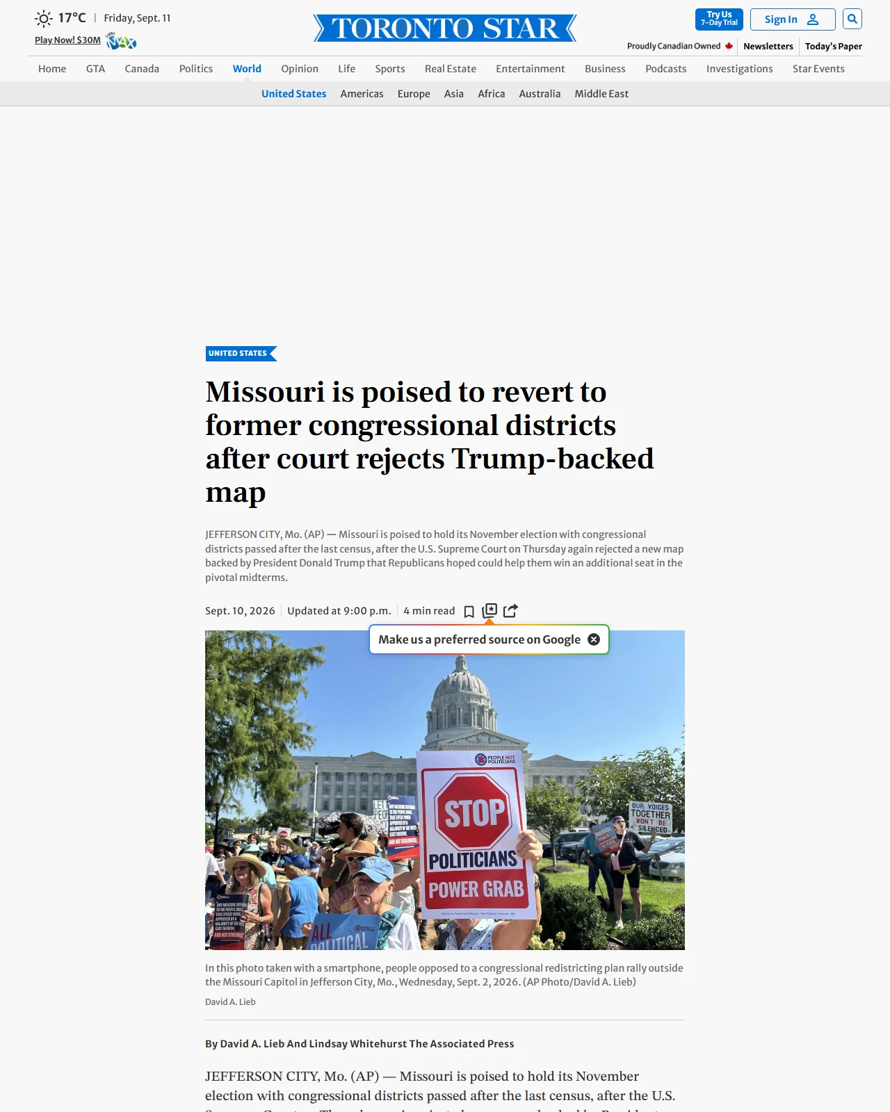 thestar.com as published: Missouri is poised to revert to former congressional districts after court rejects Trump-backed map