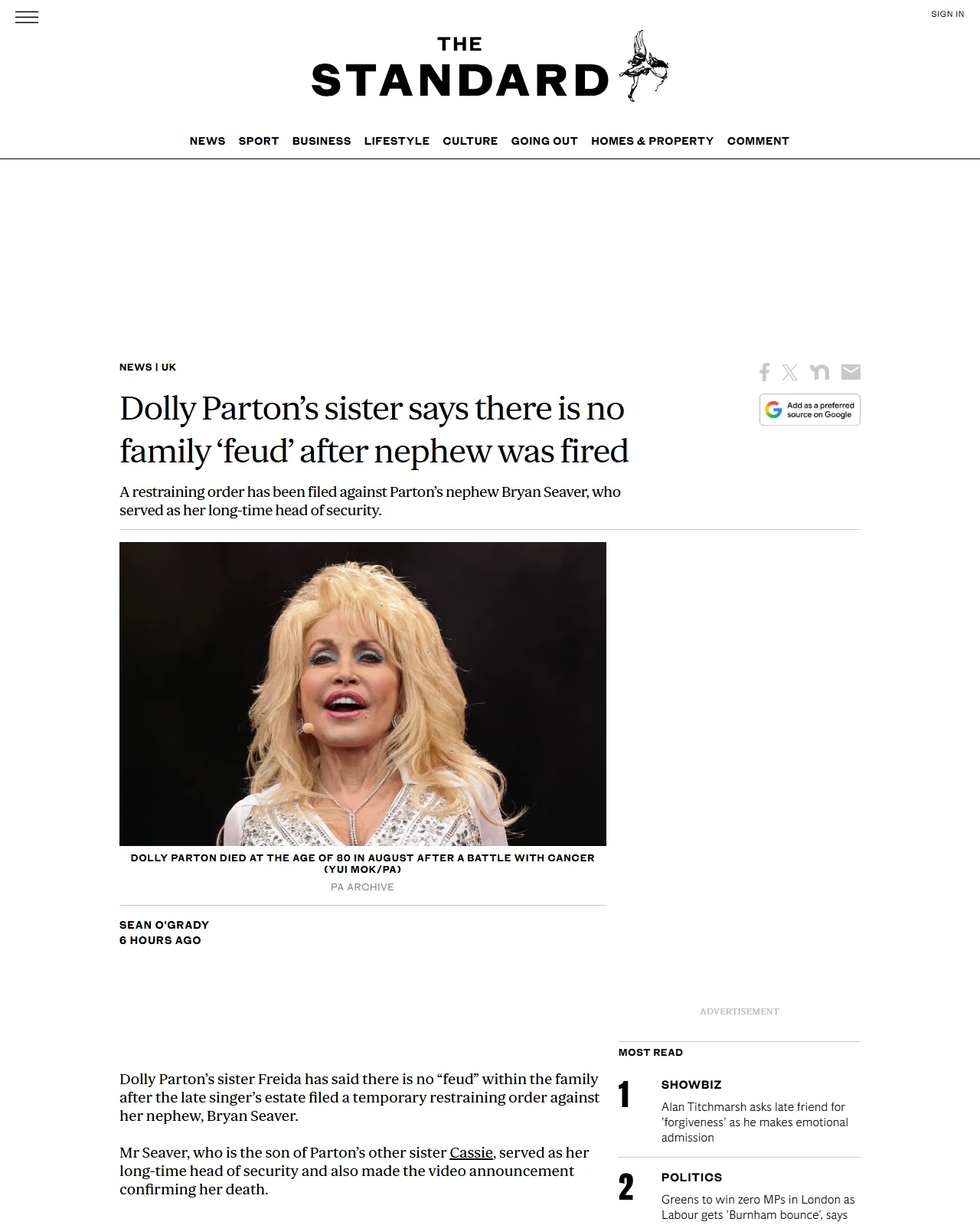 standard.co.uk as published: Dolly Parton’s sister says there is no family ‘feud’ after nephew was fired