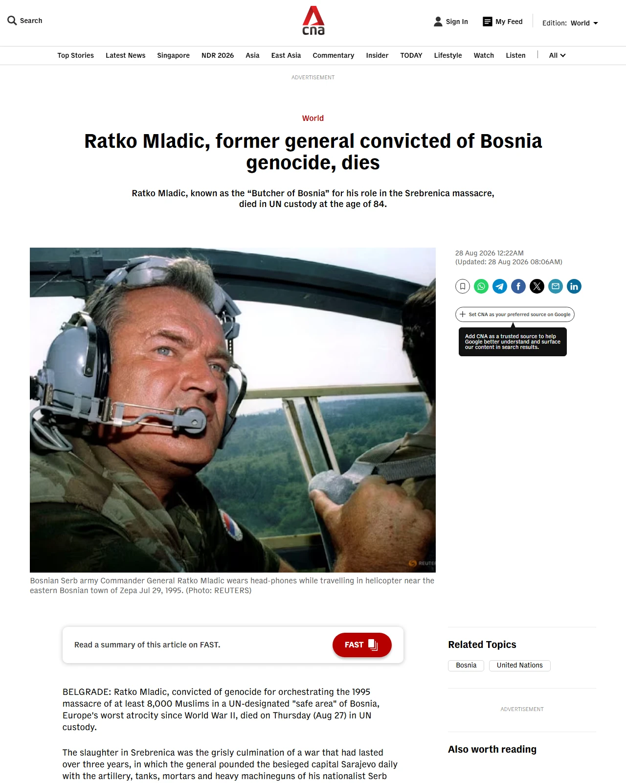channelnewsasia.com as published: Ratko Mladic, former general convicted of Bosnia genocide, dies