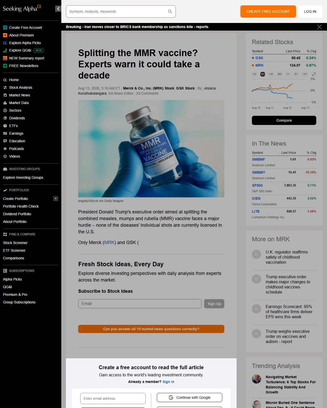 seekingalpha.com as published: Splitting the MMR vaccine? Experts warn it could take a decade