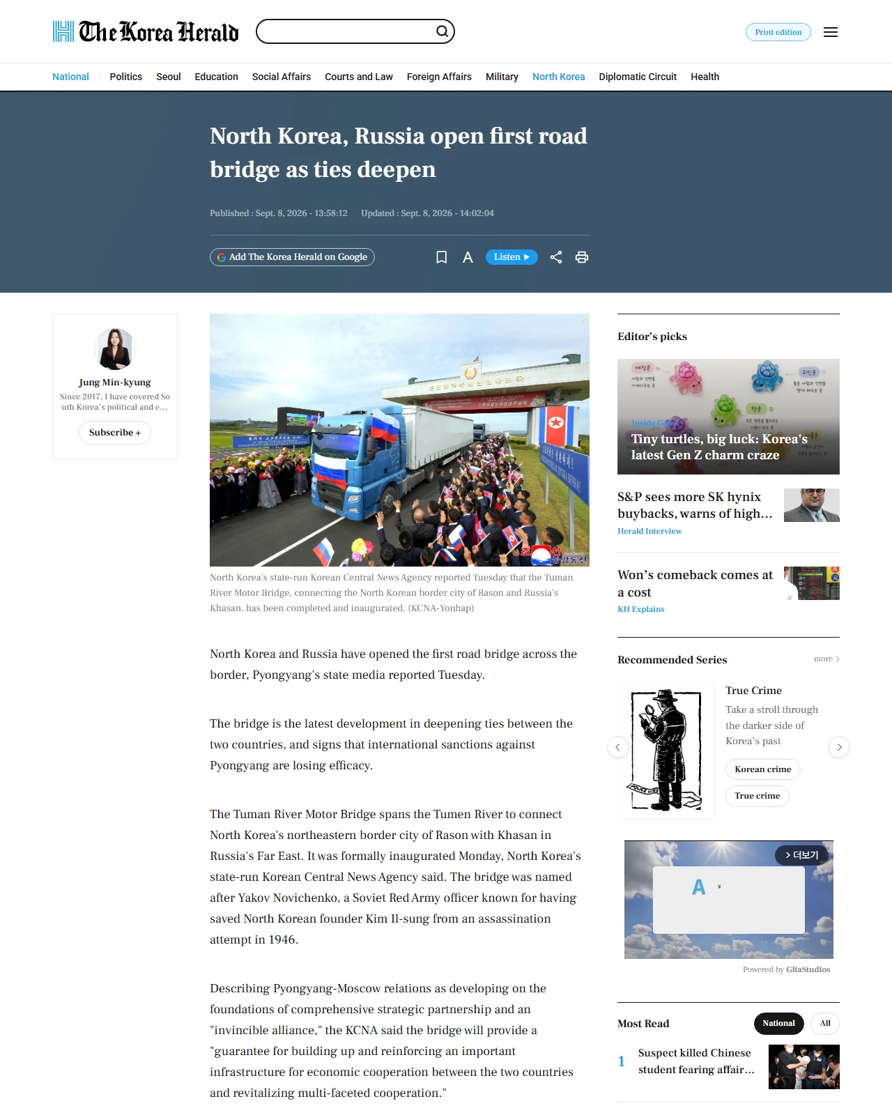 koreaherald.com as published: North Korea, Russia open first road bridge as ties deepen