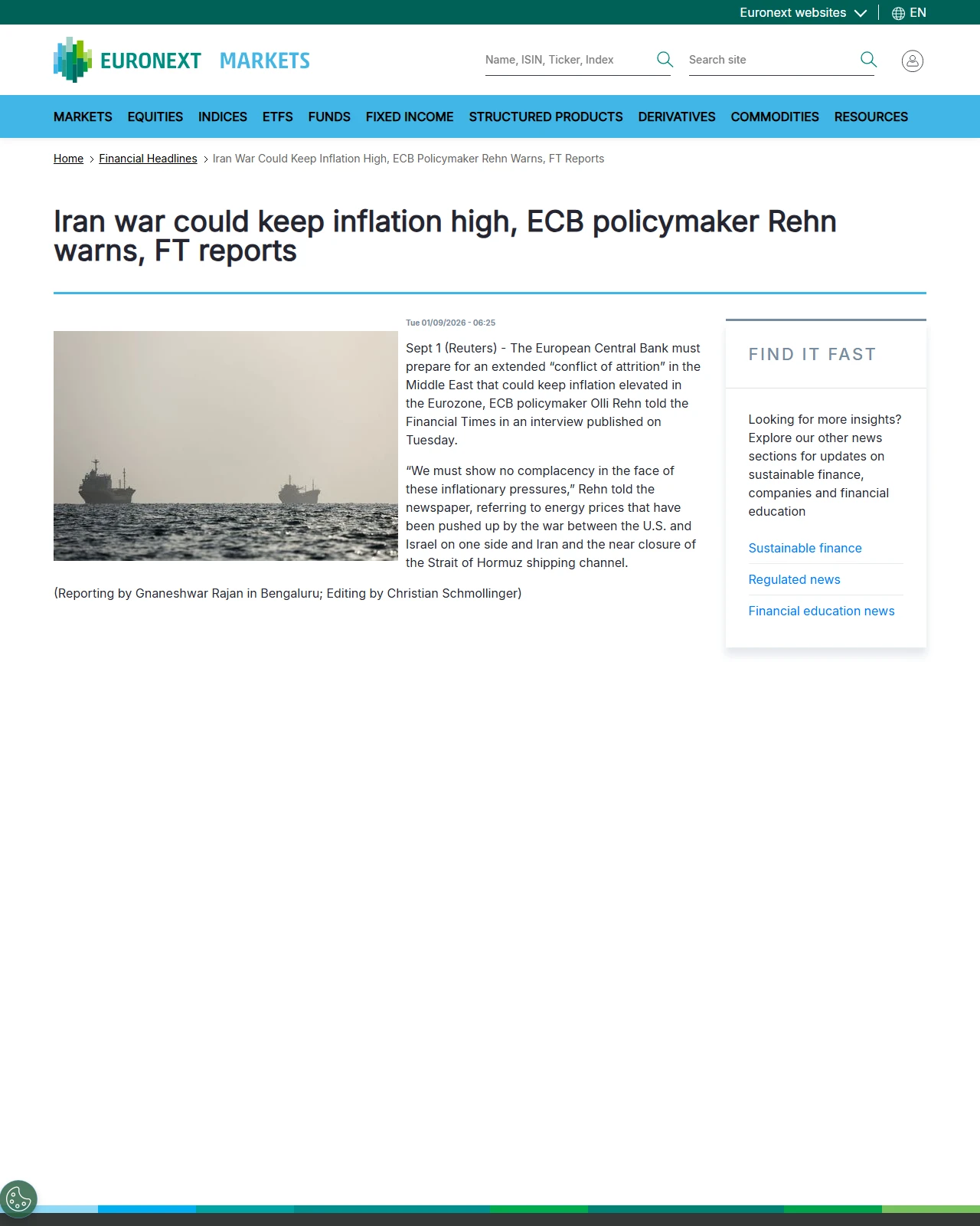live.euronext.com as published: Iran war could keep inflation high, ECB policymaker Rehn warns, FT reports - Euronext Markets: Real-time Stock Market Data | live