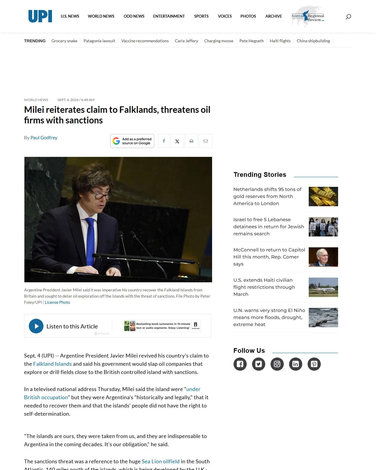 upi.com as published: Milei reiterates claim to Falklands, threatens oil firms with sanctions