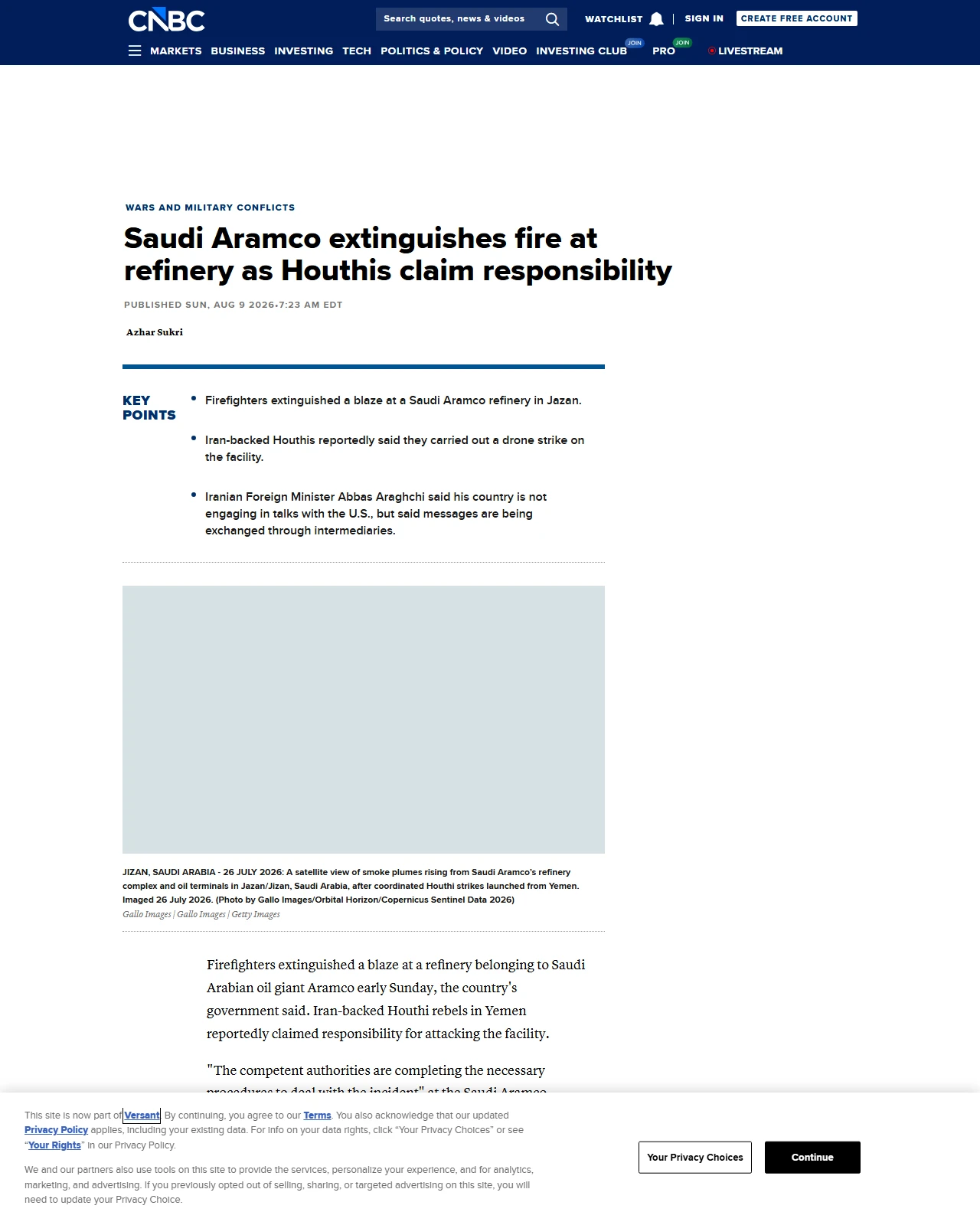 cnbc.com as published: Saudi Aramco extinguishes fire at refinery as Houthis claim responsibility
