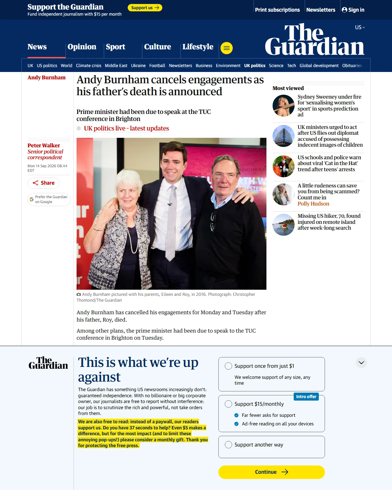 theguardian.com as published: Andy Burnham cancels engagements as his father’s death is announced