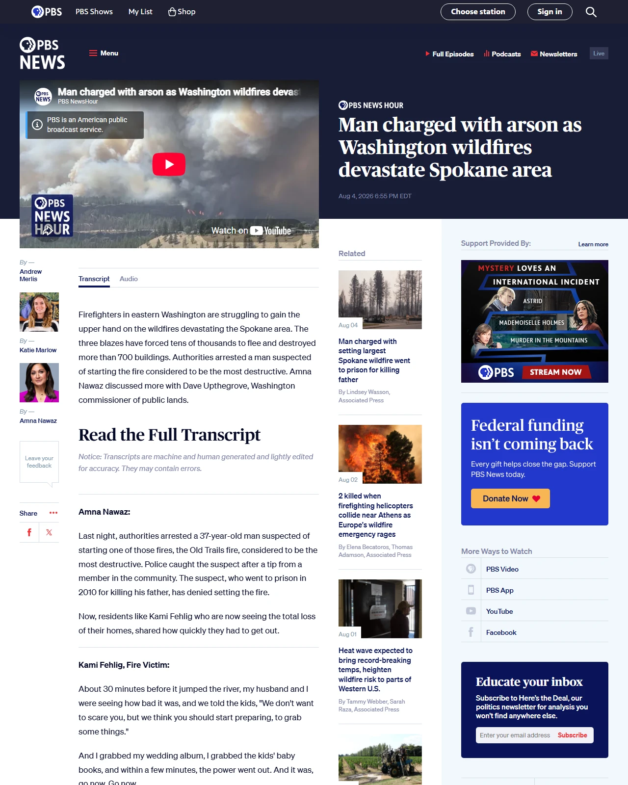 pbs.org as published: Man charged with arson as Washington wildfires devastate Spokane area