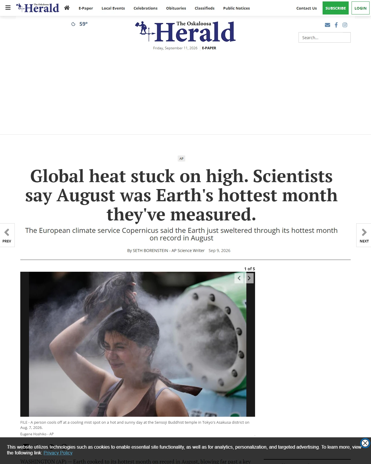 oskaloosa.com as published: Global heat stuck on high. Scientists say August was Earth's hottest month they've measured.