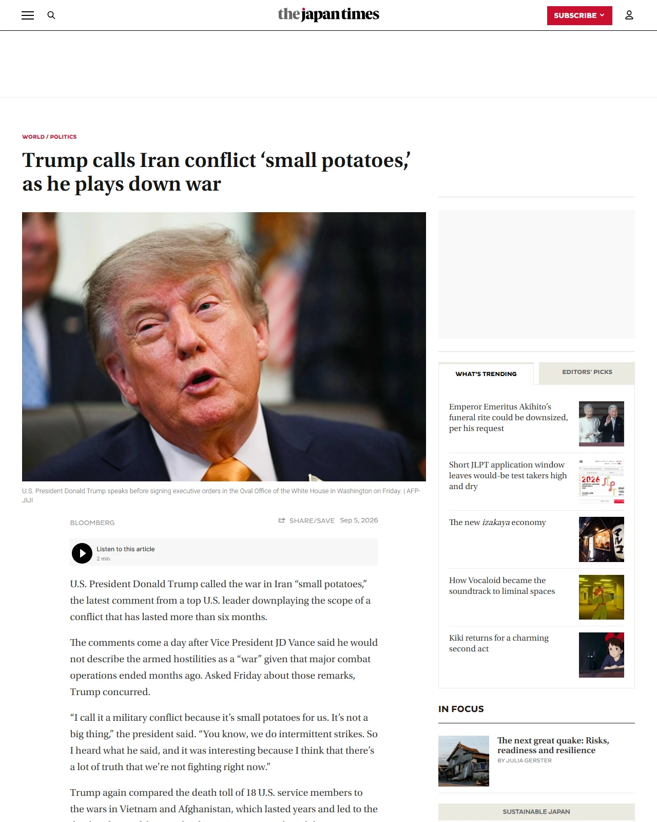 japantimes.co.jp as published: Trump calls Iran conflict ‘small potatoes,’ as he plays down war