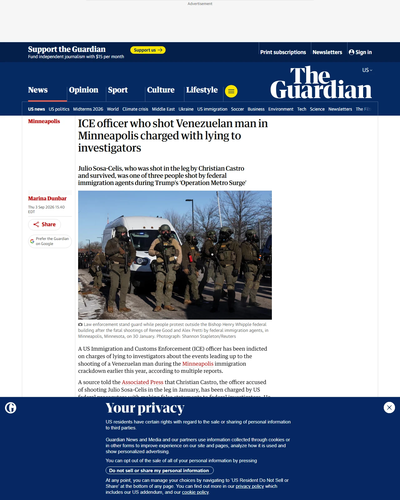 theguardian.com as published: ICE officer who shot Venezuelan man in Minneapolis charged with lying to investigators